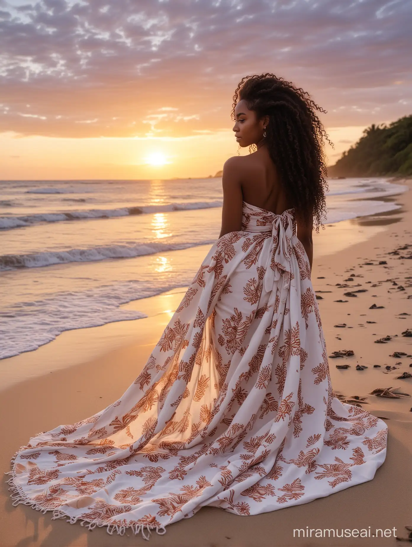 Beautiful Black Girl on Sandy Beach with Shells at Twilight