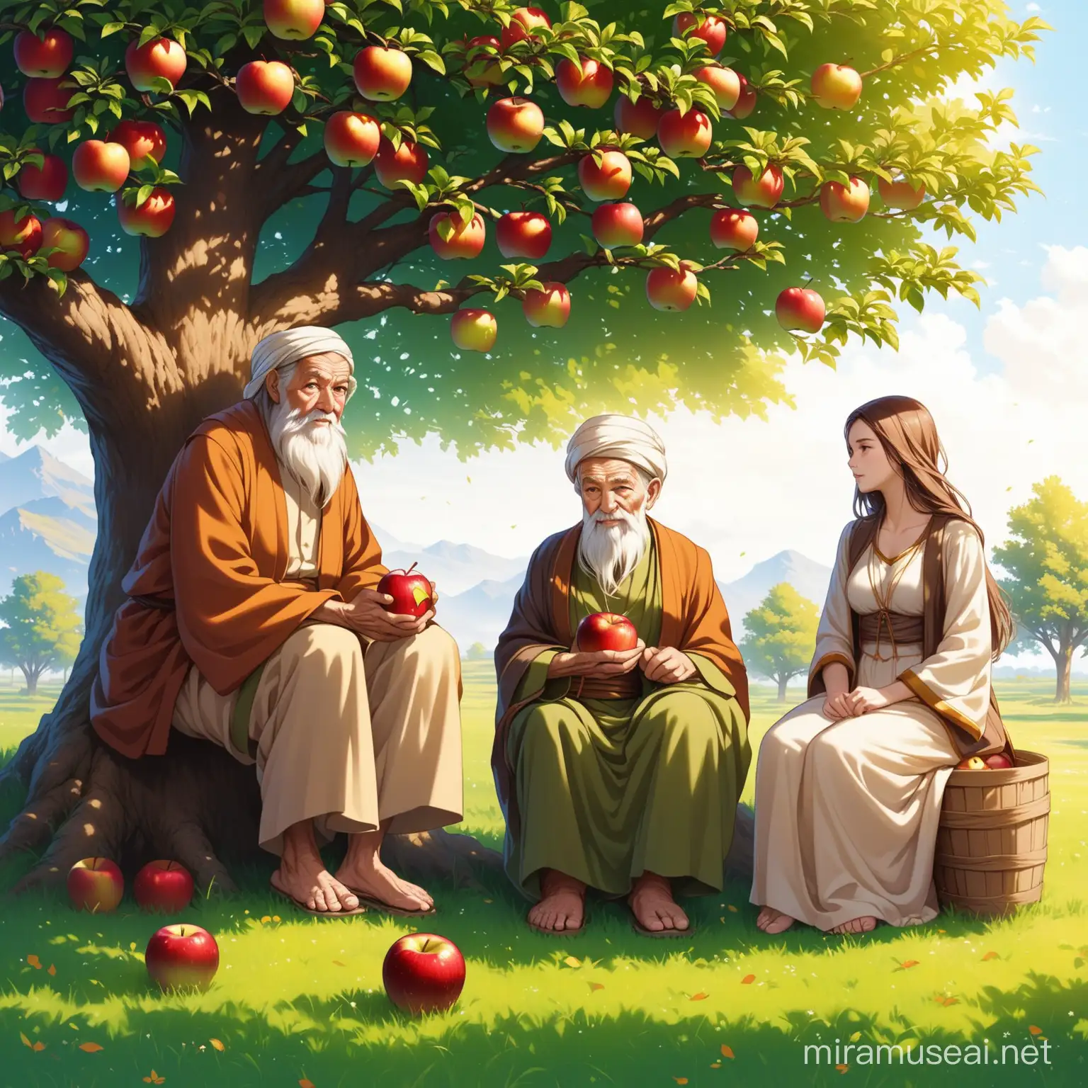 Intergenerational Wisdom Sharing Elderly Sage and Young Woman Beneath Apple Tree