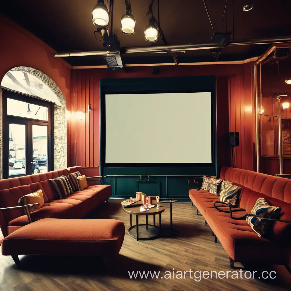 кино кафе с огромный телевизором кранными диванными в стиле ретро
