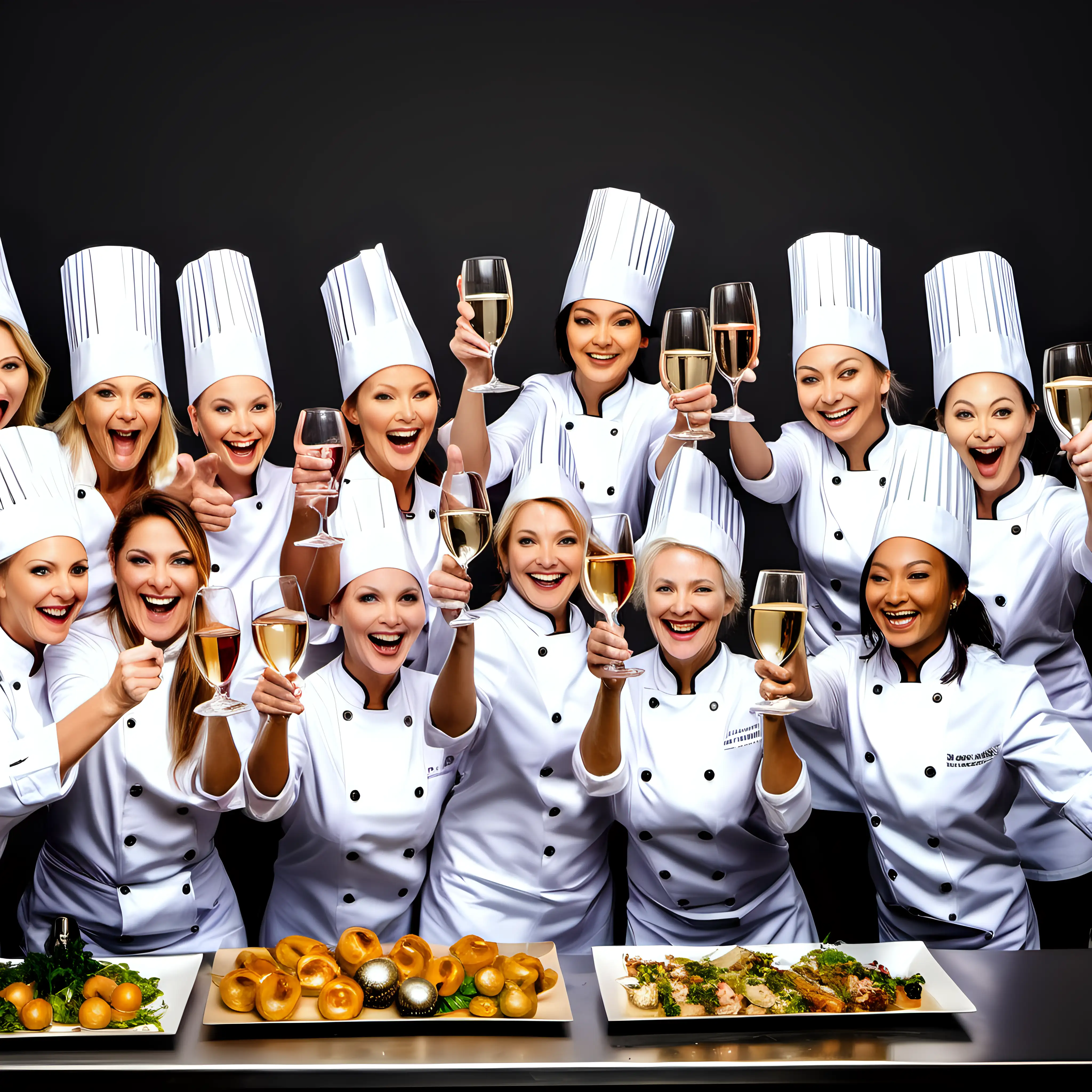 New Year Toast. A big group of international female chefs cheer to you.