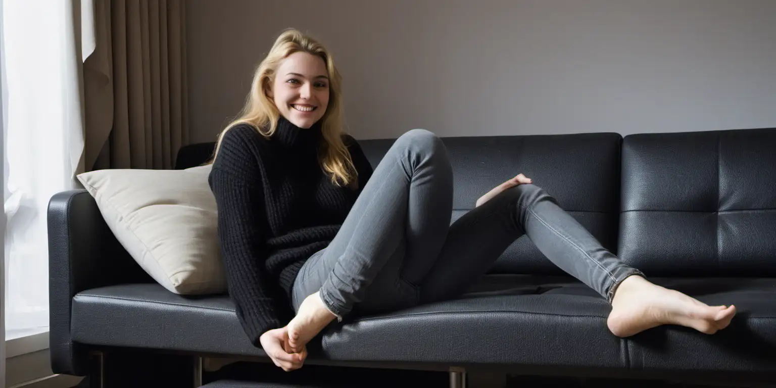 Cheerful Young Woman Relaxing on Lounge Couch