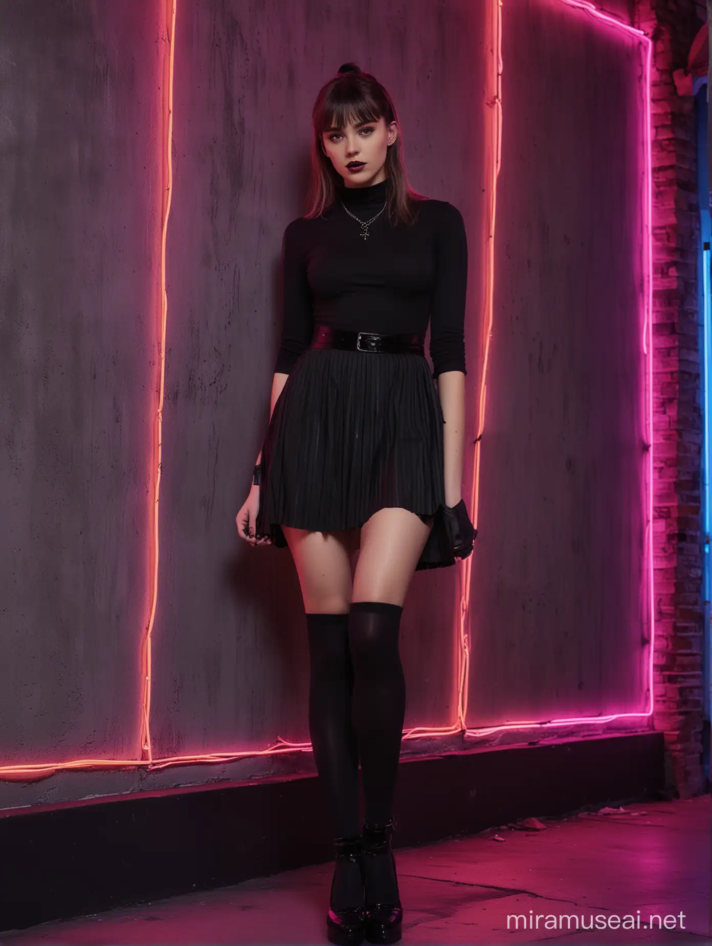 NeonLit Vintage Chic Girl in Black Stockings and MixedEra Dress