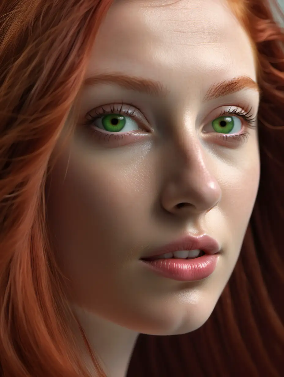 Hyperrealistic Portrait Photography of Magella Green with Long Red Hair and Green Eyes