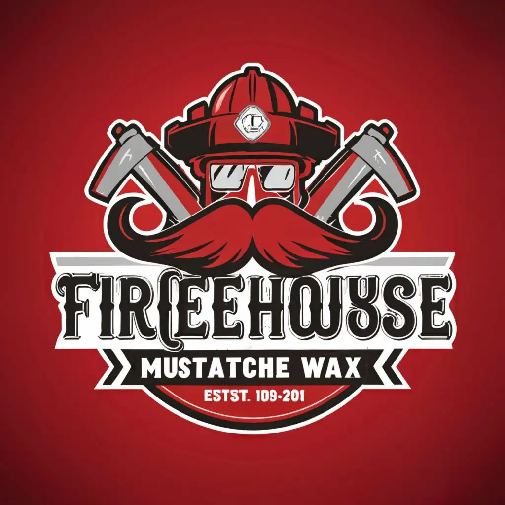 a logo design,with the text "firehouse outfitters mustache wax", main symbol:handlebar mustache, firehouse, firefighter, fire helmet,Moderate,clear background