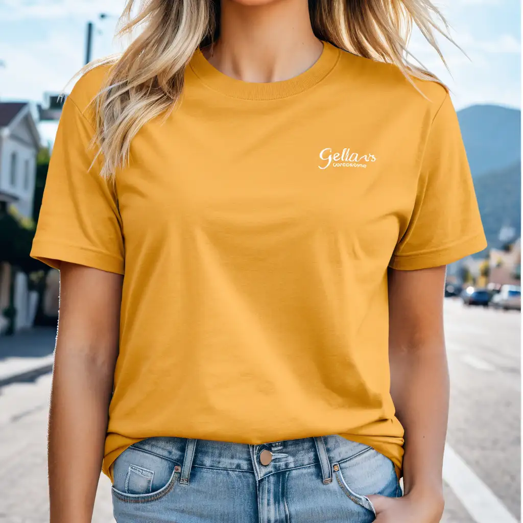 blonde woman wearing bella canvas 3001 oversized mustard color t-shirt mockup wearing jeans, clear shirt stiches, street background