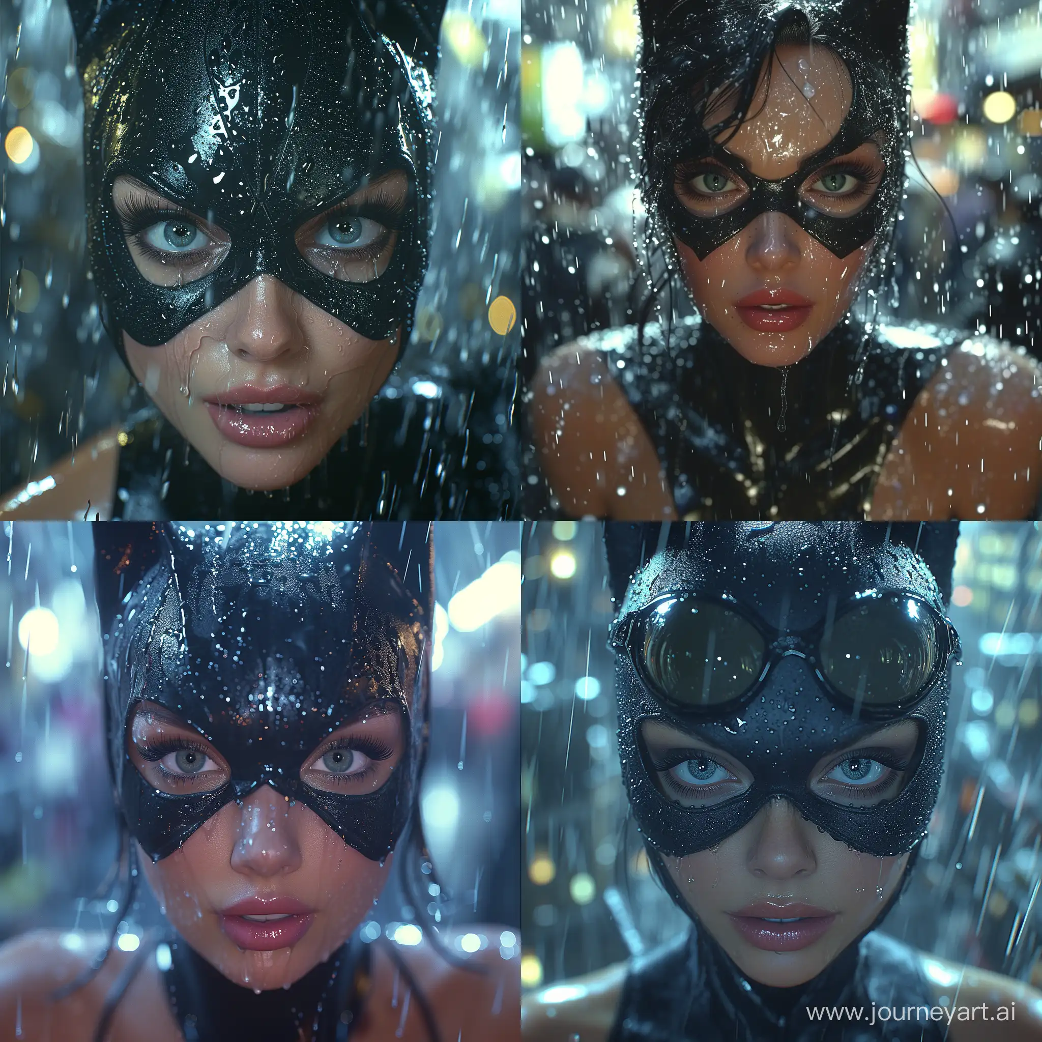 Create a realistic and dynamic image of Catwoman in Gotham City, with a close-up depth of field, set in the rain. The image should capture the essence of Gotham City's atmosphere and Catwoman's character, incorporating a stylized approach. Pay attention to detail and realism, and ensure that the image conveys a sense of drama and intrigue --stylize 750 --v 6