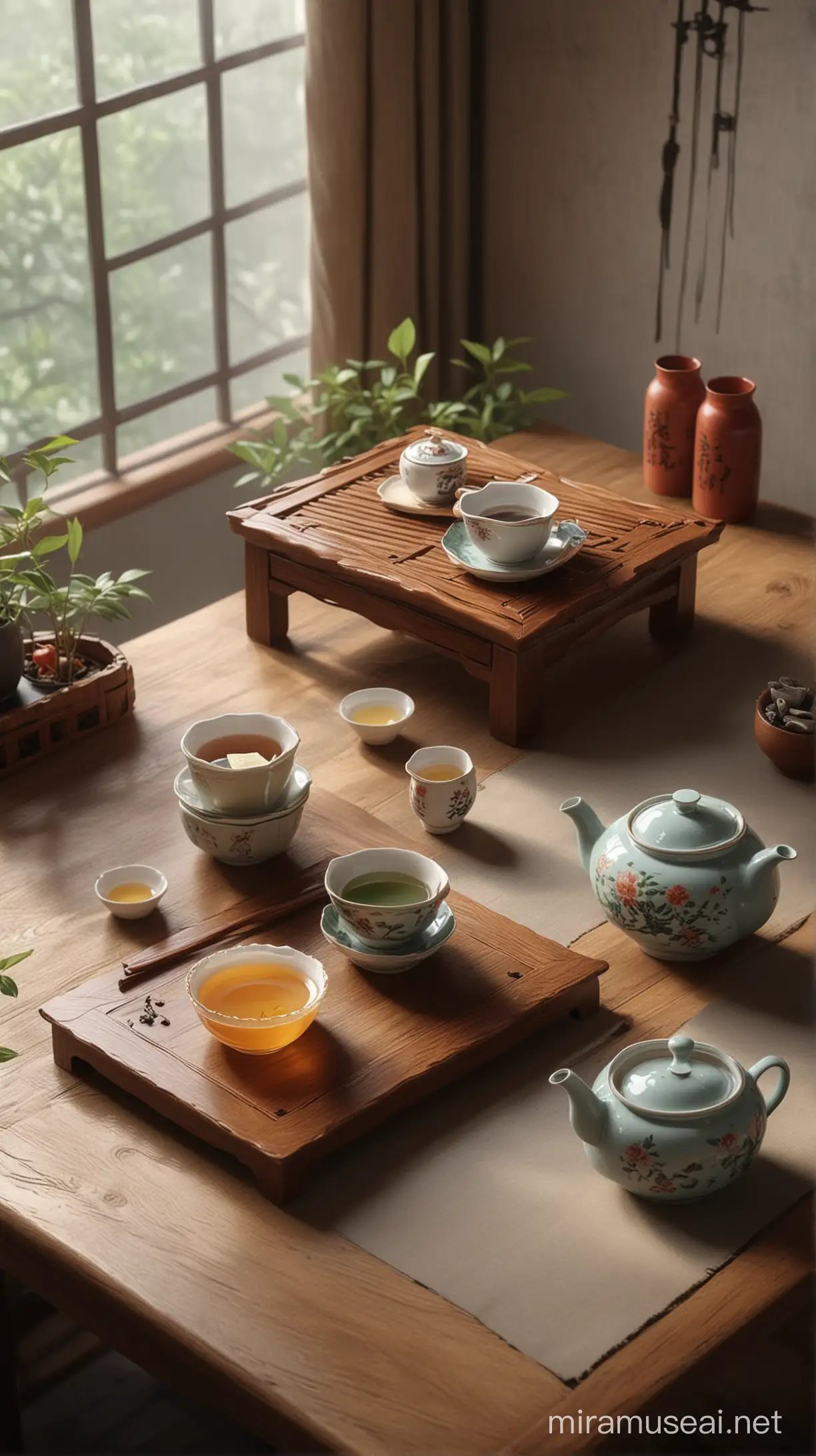 Chinese Tea Ceremony in a Rustic Study with Petcore and Cabincore Aesthetics