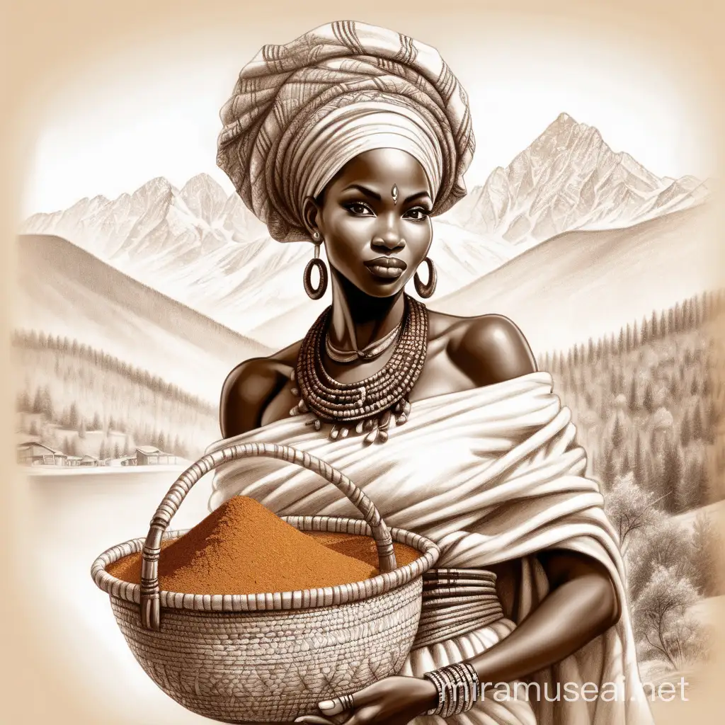 Elegant African Woman Holding Basket of Exquisite Spices with Majestic Mountain Backdrop