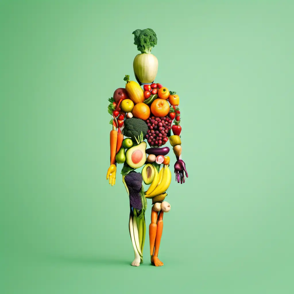 minimalist, human body made of different fruits and vegetables, colourful 
