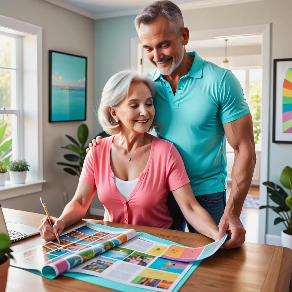 Illustrate an elderly couple looking at a vision board filled with images of their retirement dreams. A caption reads "Debt-Free Dreams in Retirement", emphasizing the freedom and possibilities that come with achieving financial freedom from debts.

The woman wears a casual bright colored blouse with a bit of cleavage, paired with form-fitting jeans, while the man rocks a snug-fitting t-shirt that accentuates his muscular build.