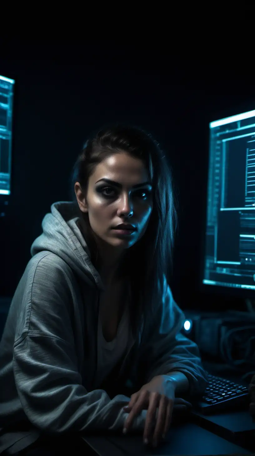 A rogue techy, rebellious, pretty, mysterious woman, sitting at computer, in her underground computer area, body straight on with the camera, ultra realistic 8k, dark background, dramatic