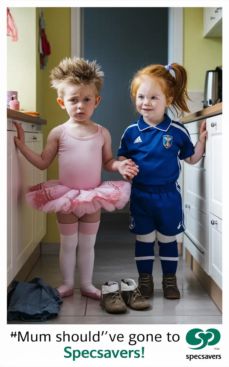 Gender role-reversal, Photograph of two young siblings, a cute thin boy age 6 with a cute face and short smart spiky blonde hair is dressed up in a pink ballerina leotard and a frilly net tutu and short frilly pink cotton socks, a girl age 7 with long ginger hair in a ponytail dressed up in a blue football uniform and football boots, in a bright kitchen next to a small pile of clothes on the floor, the boy look slightly confused and the girl looks happy, they are looking down at their clothes, adorable, perfect hands, perfect faces, perfect faces, clear faces, perfect eyes, perfect noses, clear eyes, straight noses, smooth skin, photograph style, the photograph is captioned “Mum Should’ve gone to SpecSavers!” in a green SpecSavers logo