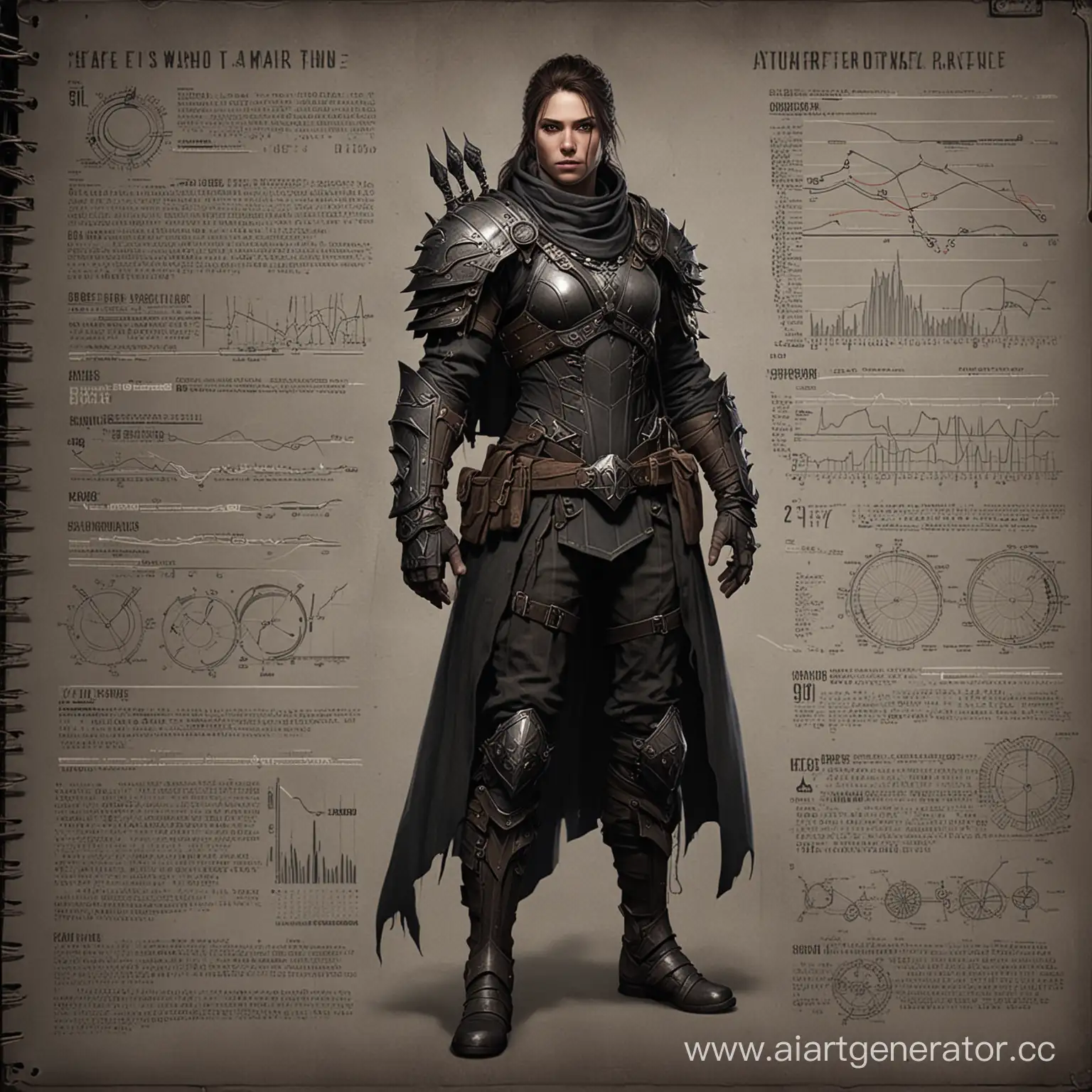 magazine, statistics, lines pointing to clothing and gear, detailed character from a dark, high epic fantasy, lots of details, graphs --ar 9:16