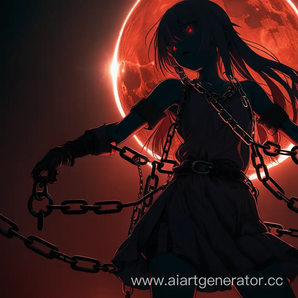anime agressive girl, chains clothes, detail shadows and red light, solar eclipse, dark souls style, dark atmospher
