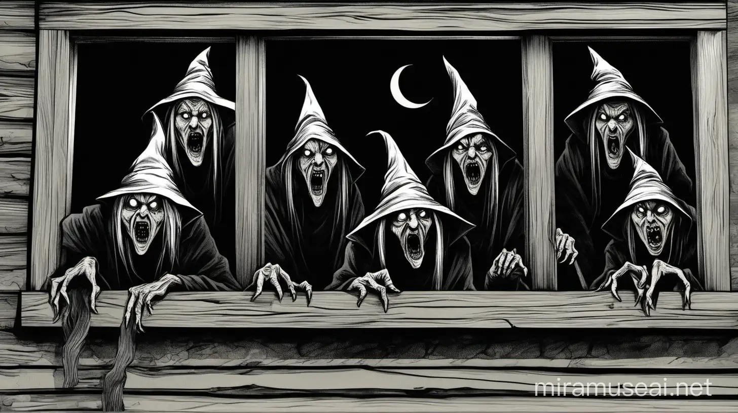 a group of old crooked witches are watching from outside the window with hissing eyes