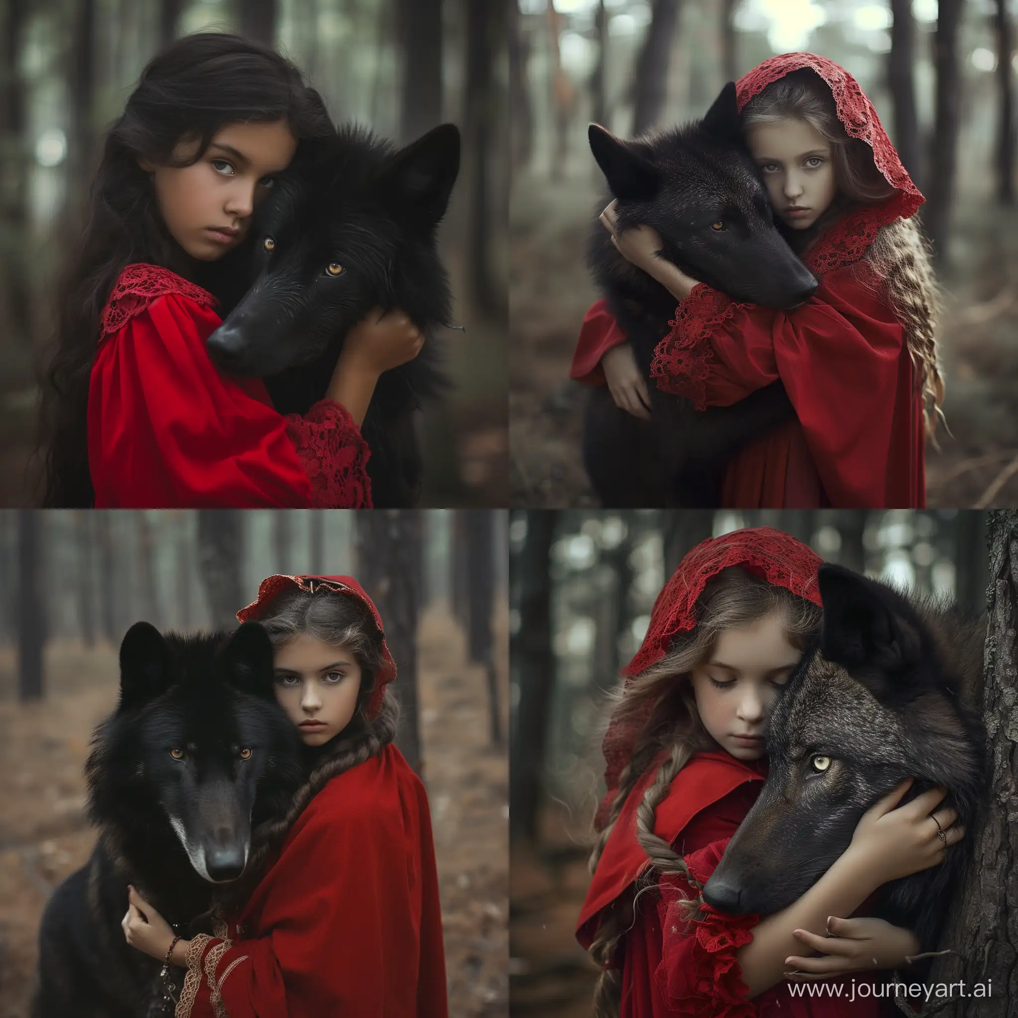Little red riding hood, pretty young girl, holds the black wolf in her arms, forest, light passing through the trees, realistic portrait photography, high quality photograph, in the style of Luis Royo:: 2 —style raw