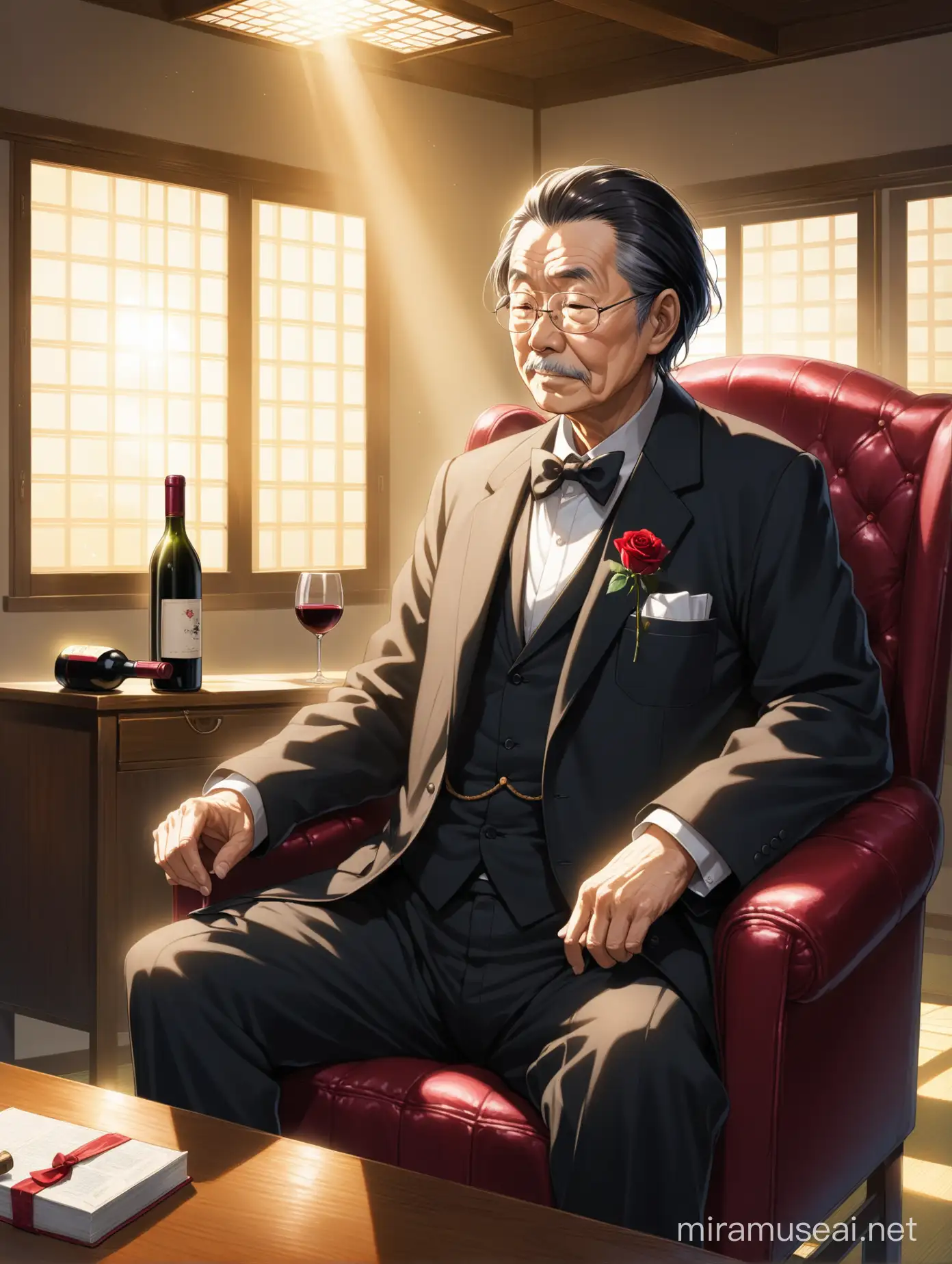 An old Japanese man who appears wise, with black hair, wearing a white shirt, a black bow tie in the shape of a butterfly, and a black suit. He puts a red rose in his jacket pocket. He sits on a large leather chair, and in front of him is a desk with wine bottle, and in the background windows appear, sending sunlight into the room