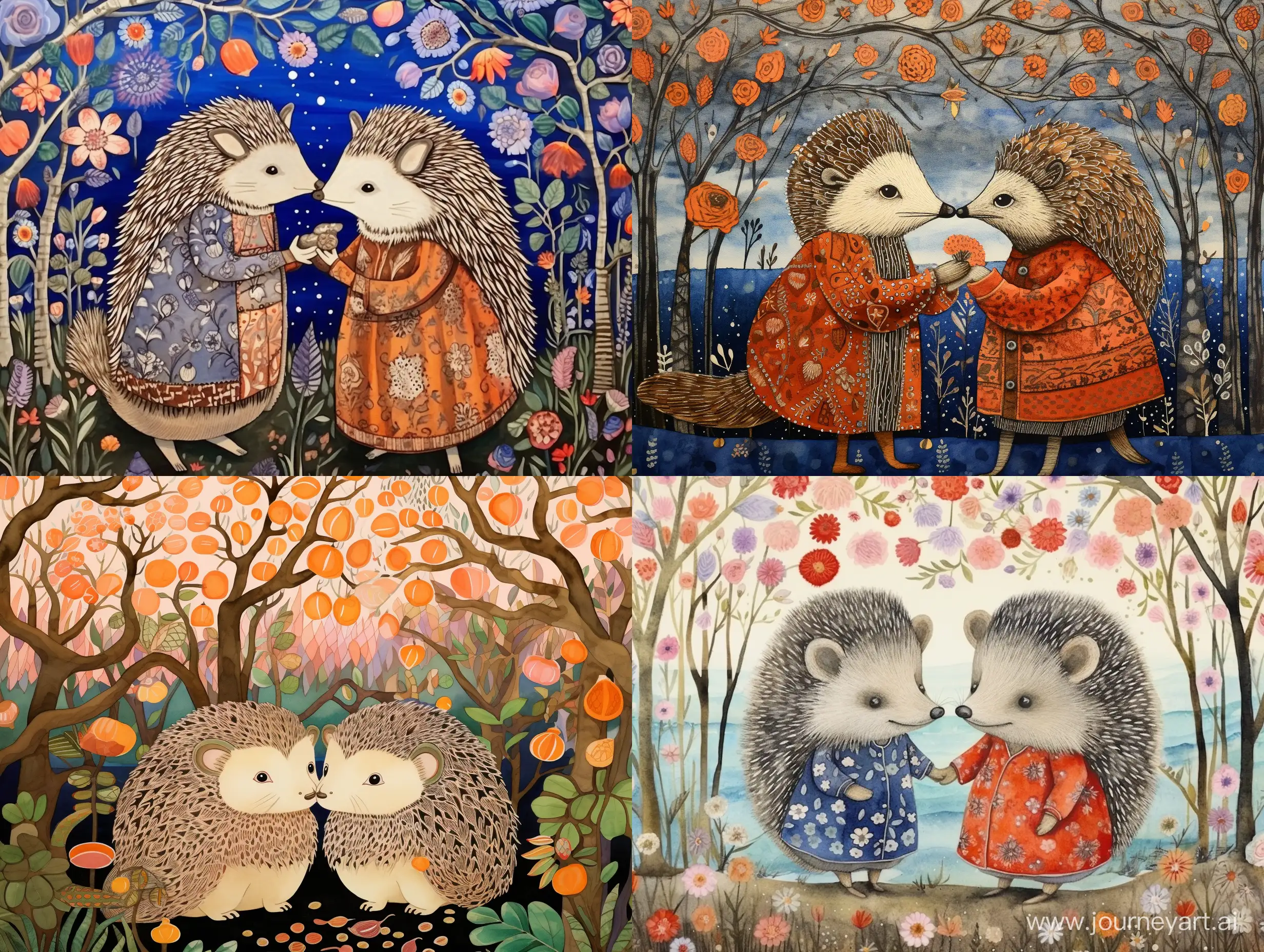 Adorable-Hedgehogs-in-Love-Japanese-Folk-Style-Naive-Drawing