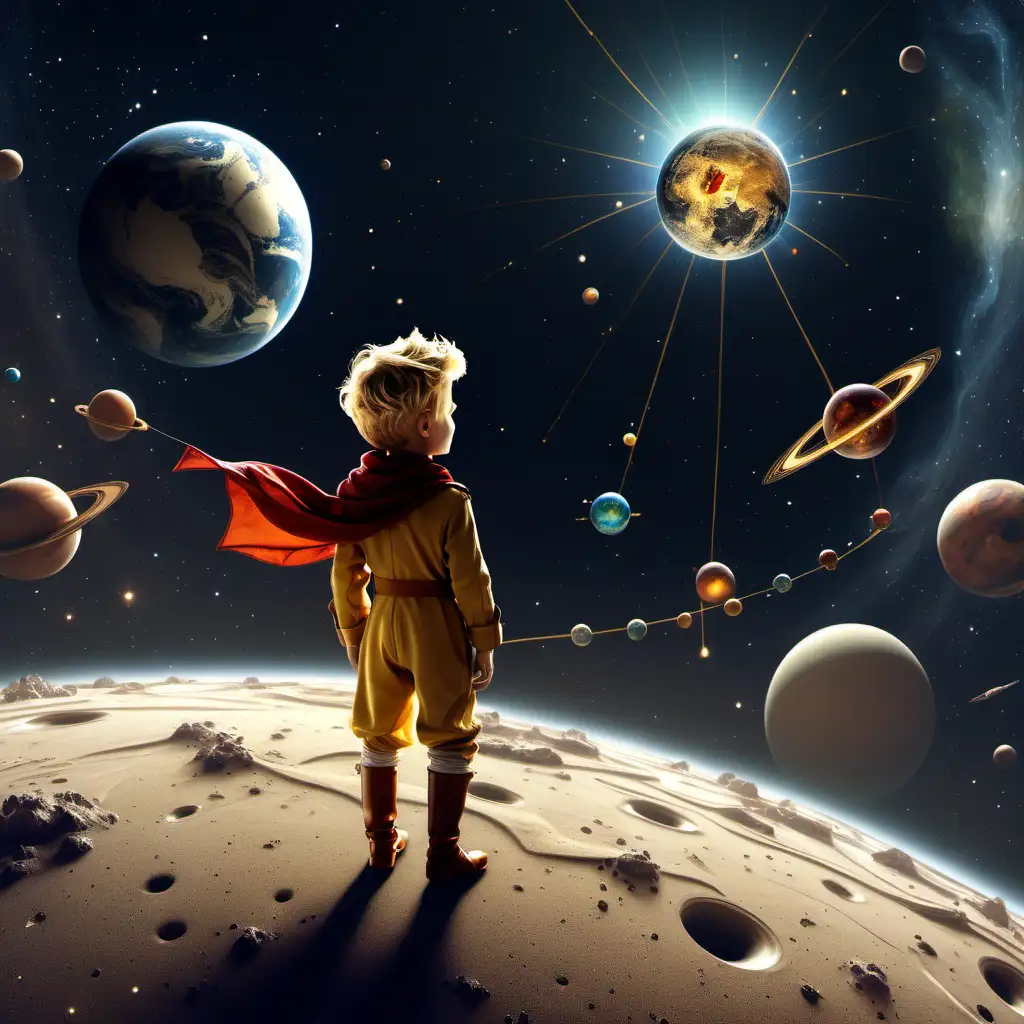 Generate a real picture of the Little Prince's journey through various planets in search of true values. NO TEXT SHOULD BE INCLUDED