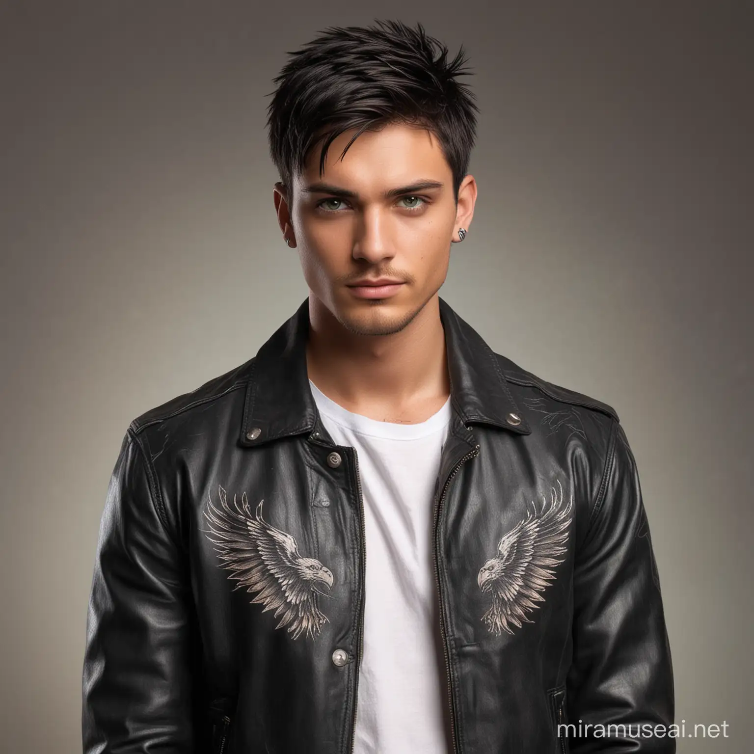 Confident Young Man with Black Hair Green Eyes Leather Jacket and Tattoo