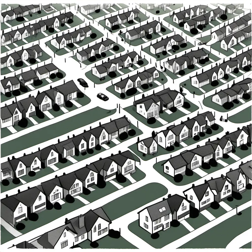 Black and white overhead shot in a cartoon style of a suburban neighborhood, every house has square backyard surrounded by a white picket fence