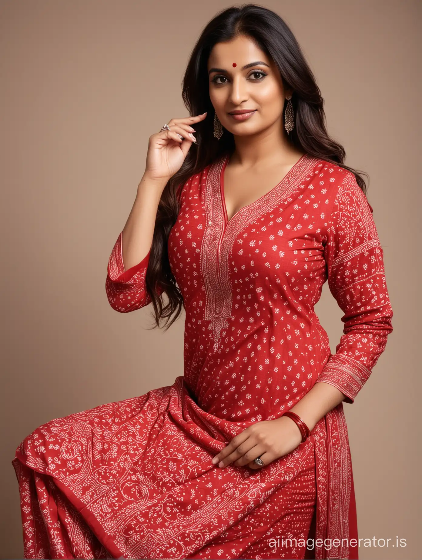 Generate full body  image of a 41 year old very busty and curvy completely  indian woman wearing salwar kameez and wearing red colour sindur in forehead and red and white bangles in hand