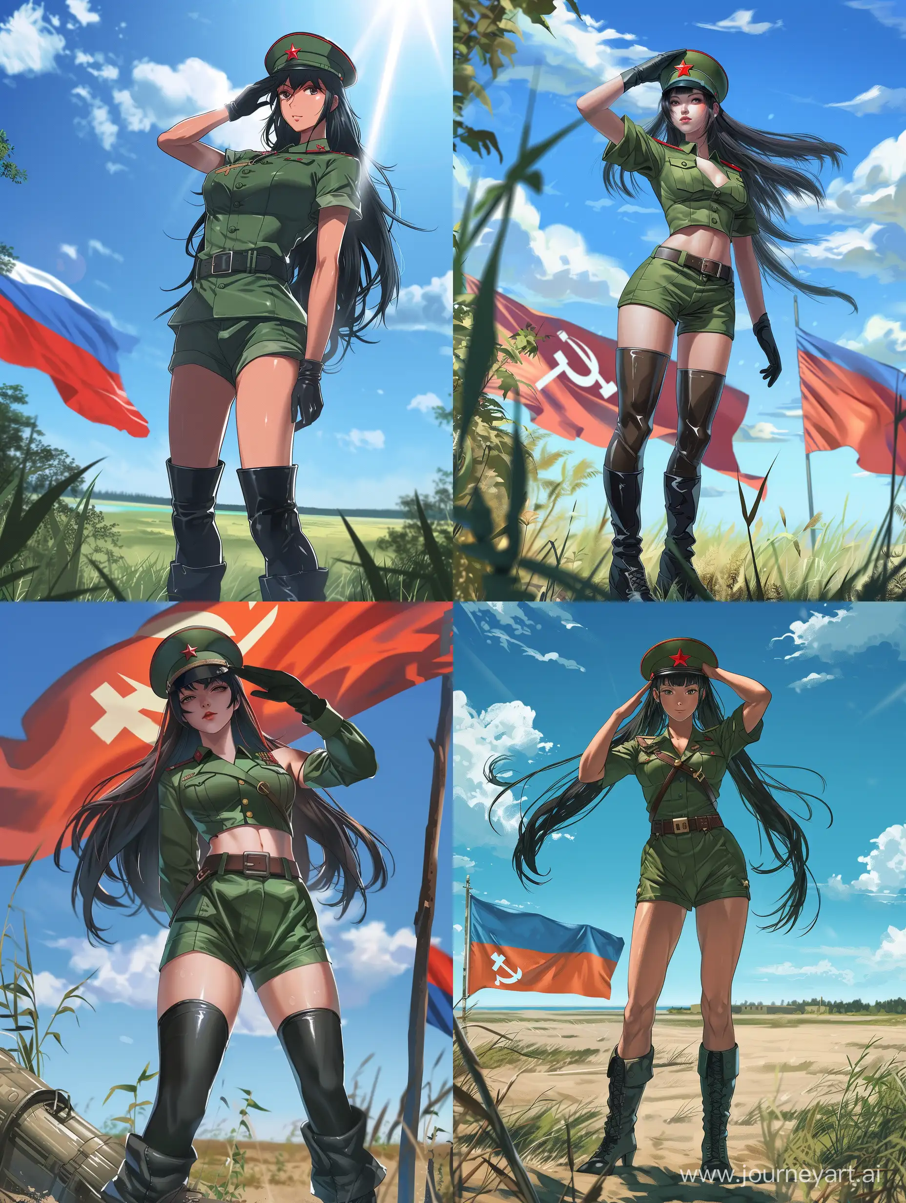 Soviet-Woman-Saluting-Under-Blue-Sky-with-Communist-Banner