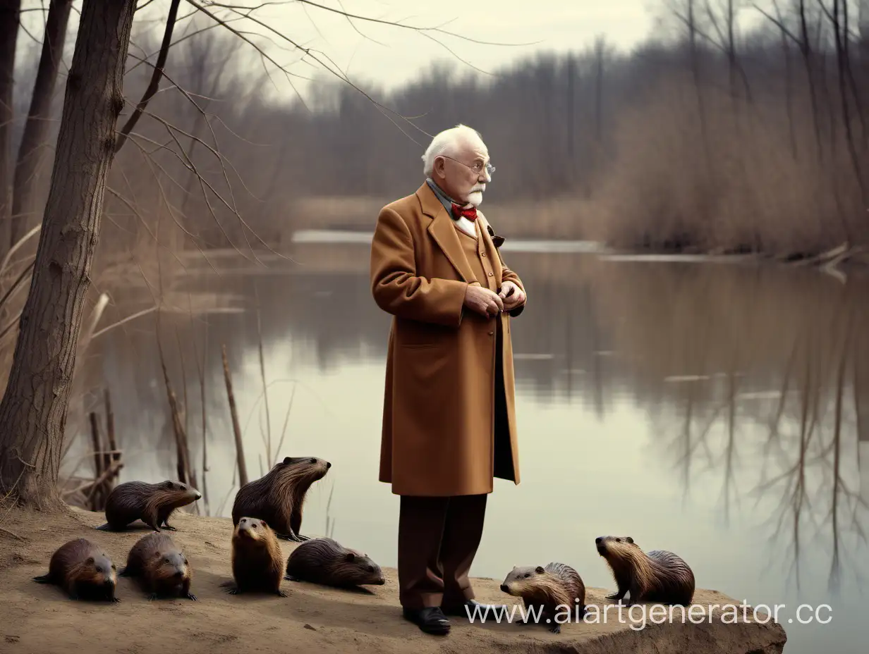 Grandfather in a retro costume stands by the river and looks at the dead beavers.