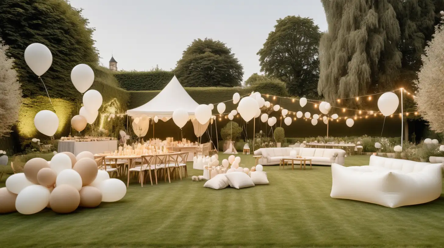 Modern Parisian children's garden party on sprawling lawn surrounded by gardens; balloons, candles, tables and chairs; white bouncy castle; pool with decorative lighting in it; beige, light oak, brass, ivory colour palette