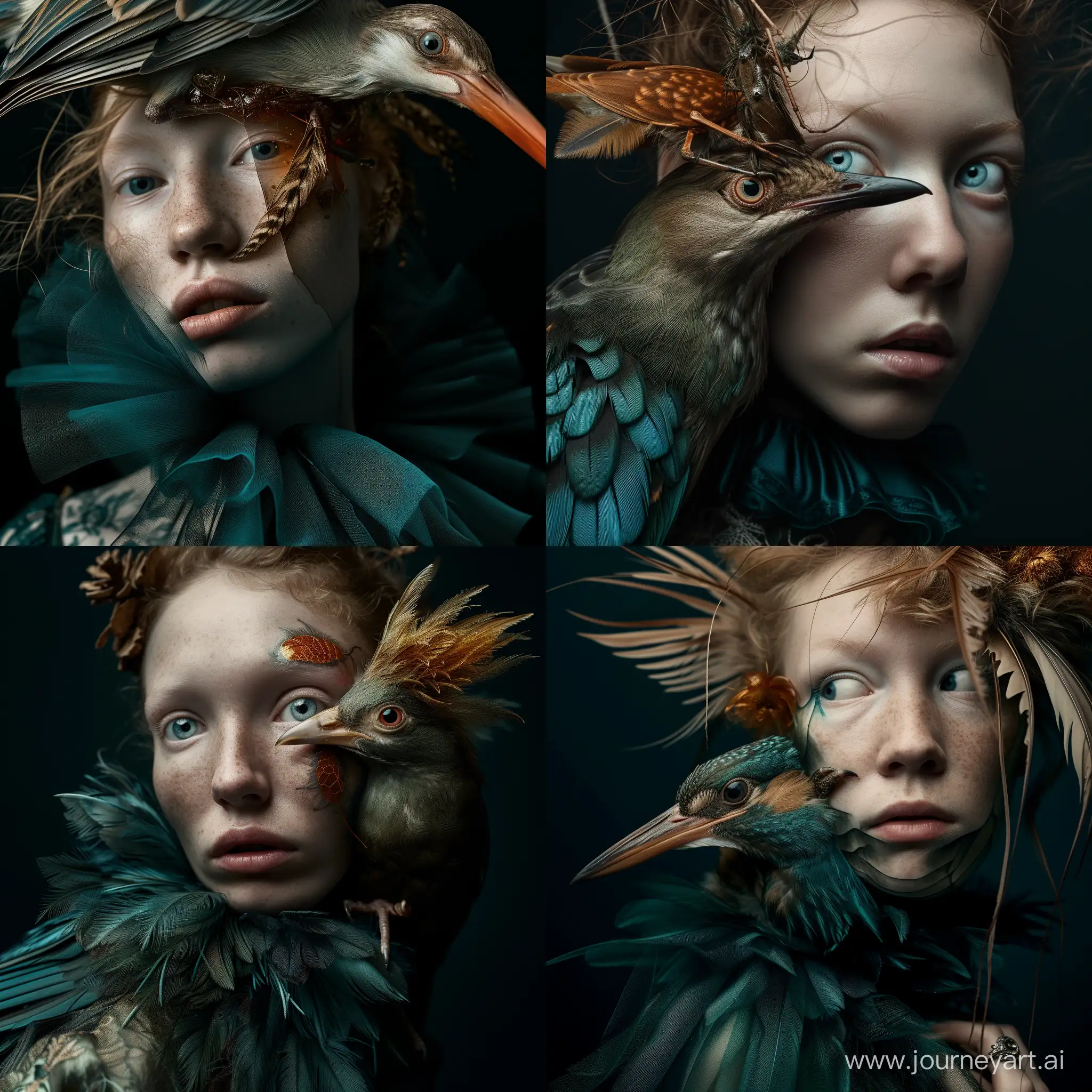 Surreal-Portrait-of-Woman-with-Bird-Eerily-Realistic-Metamorphosis-in-Teal-and-Amber