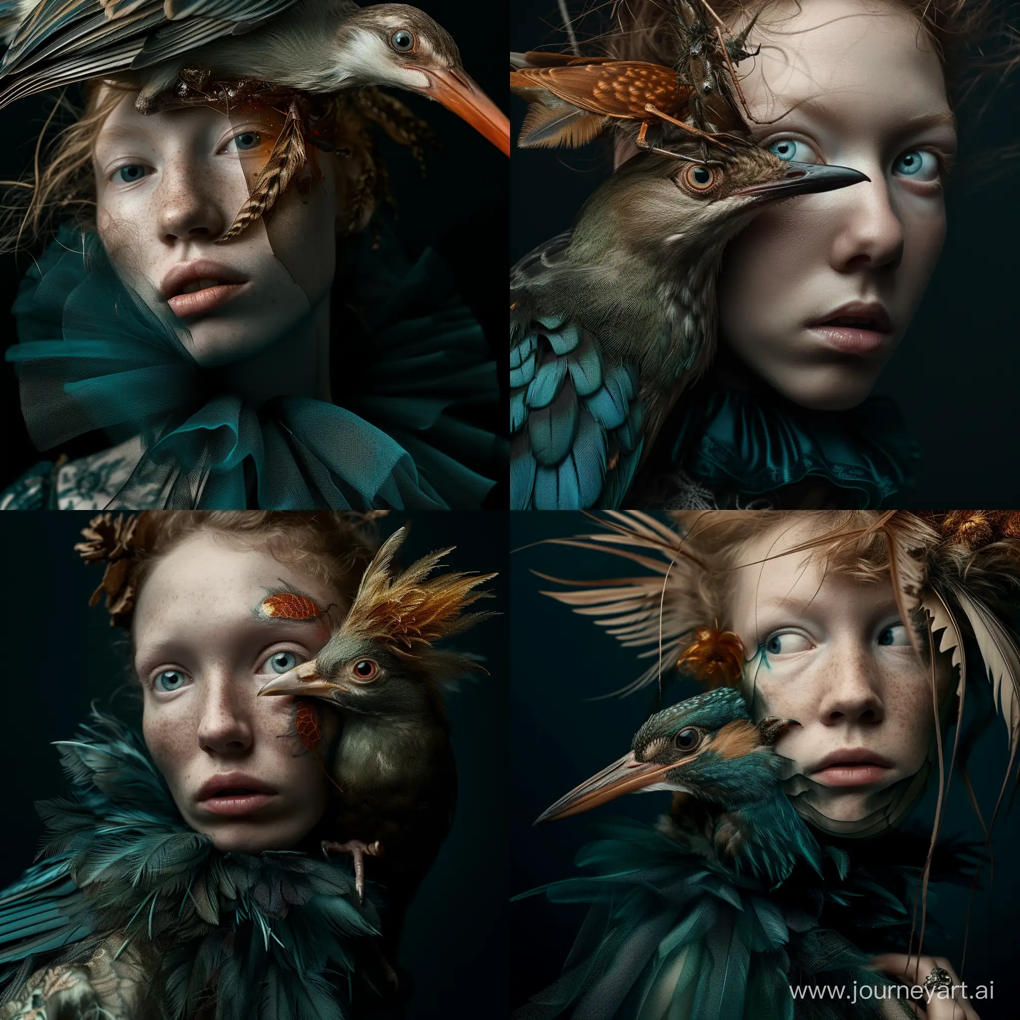 portrait photo of a woman with a bird, surreal portrait, eerily realistic, metamorphosis, teal and amber, black background, kodak portra 800 --style raw --sref https://cdn.discordapp.com/attachments/1187305629551972372/1204871200535482388/6df3c3e1660f0f5ee4c127a6ea39c65748b958a5d6e54f7660df5c58f9dda499.webp?ex=65d64ebf&is=65c3d9bf&hm=5e1d2fcf28ada6093c44edba1116ced7697acab26dd26ed25431082bd2d08936& --sw 1000