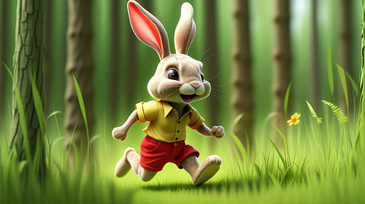 В  этом летнем  лесу  посреди высокой зеленой травы быстро бежит на 4 лапах маленький зайчонок одетый в красные шорты и желтую майку