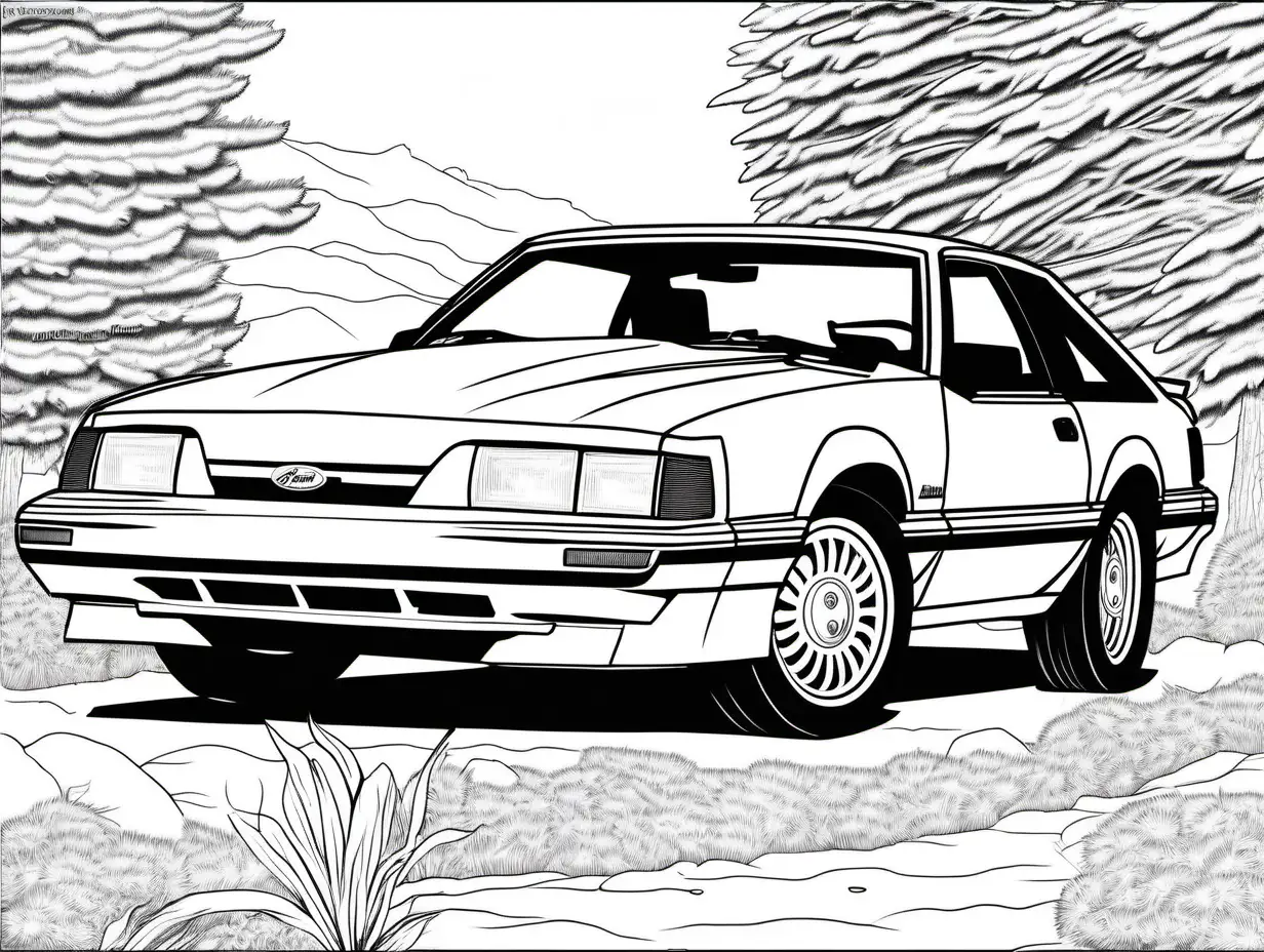 coloring page for adults, 1989 Ford Mustang LX 5.0, high detail, no shade