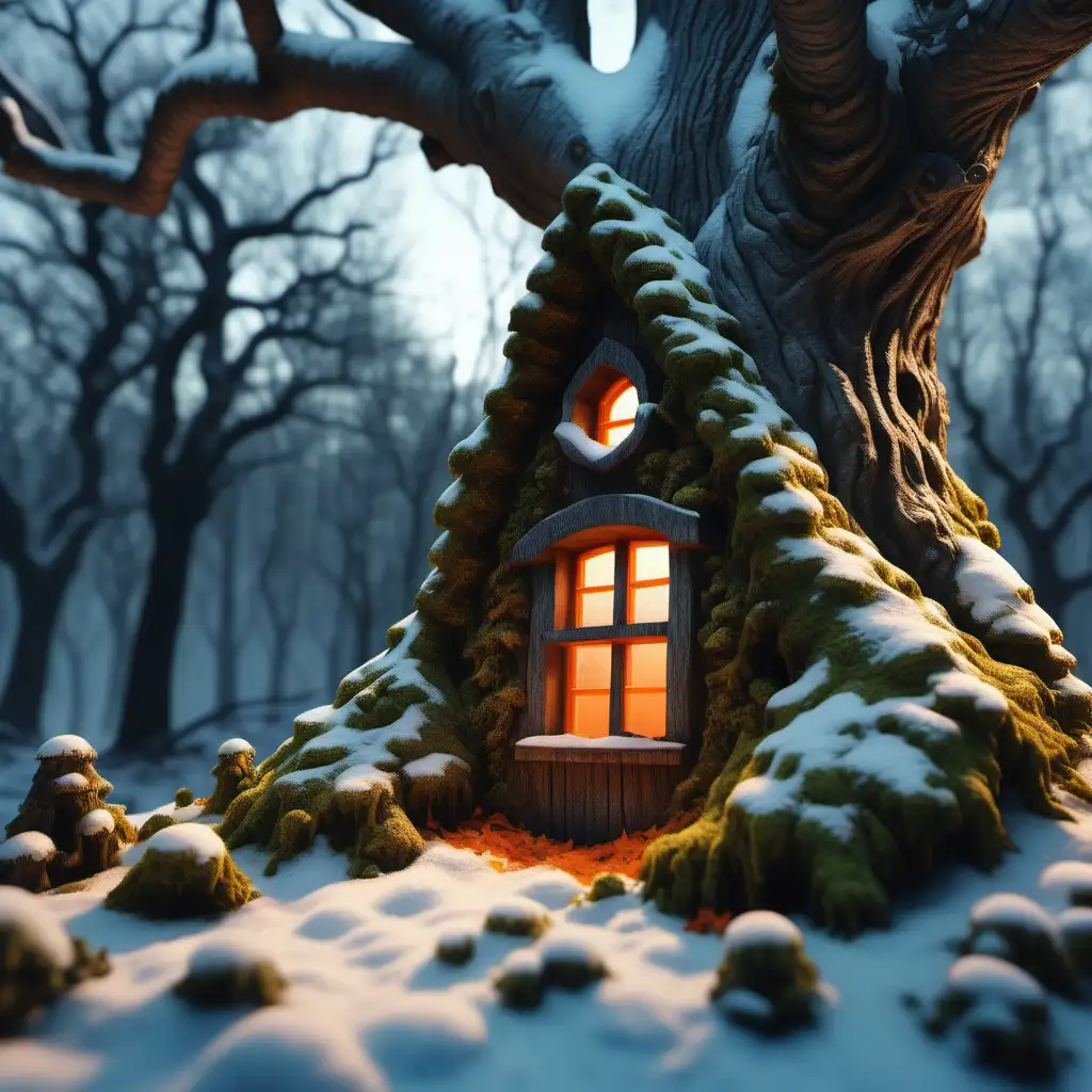 create a hyper realistic forest in twilight, moss covered trees, orange light, tiny window in an old oak tree with light, house of a gnome, mythical, snowy forest, 1080p resolution, ultra 4K, high definition
