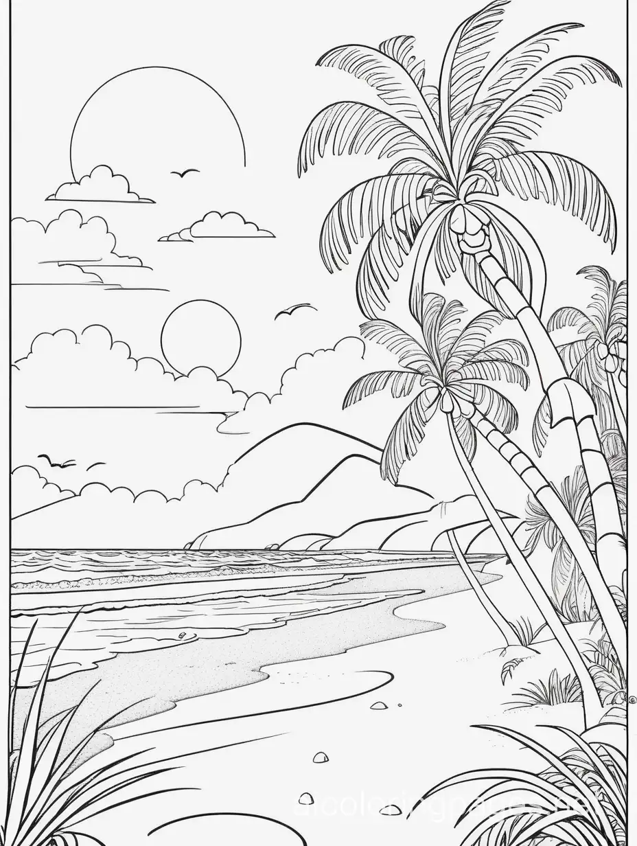 A tranquil beach scene with palm trees and gentle waves, Coloring Page, black and white, line art, white background, Simplicity, Ample White Space. The background of the coloring page is plain white to make it easy for young children to color within the lines. The outlines of all the subjects are easy to distinguish, making it simple for kids to color without too much difficulty