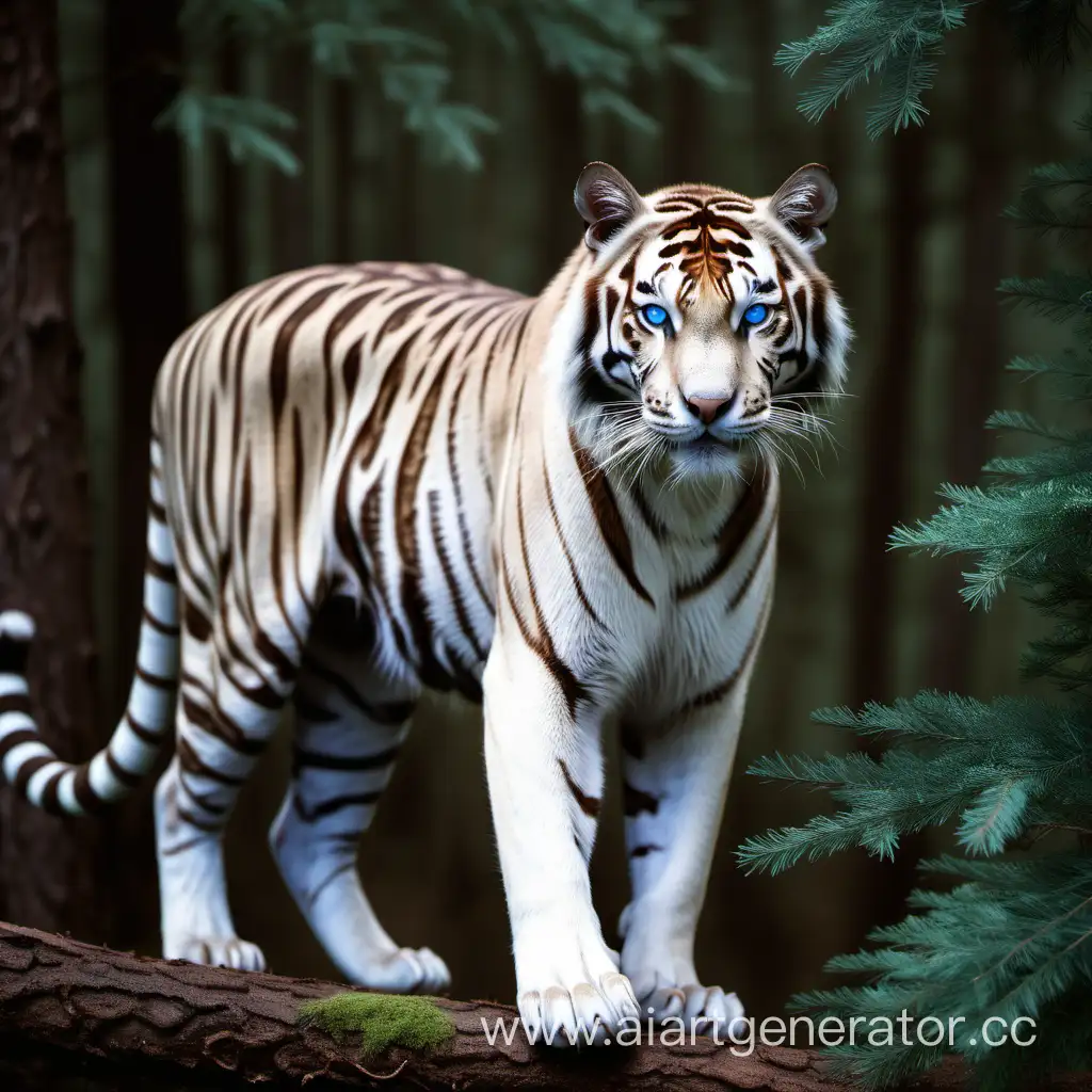 Тигрица, белая с голубыми глазами и бурыми полосками, в хвойном лесу у реки