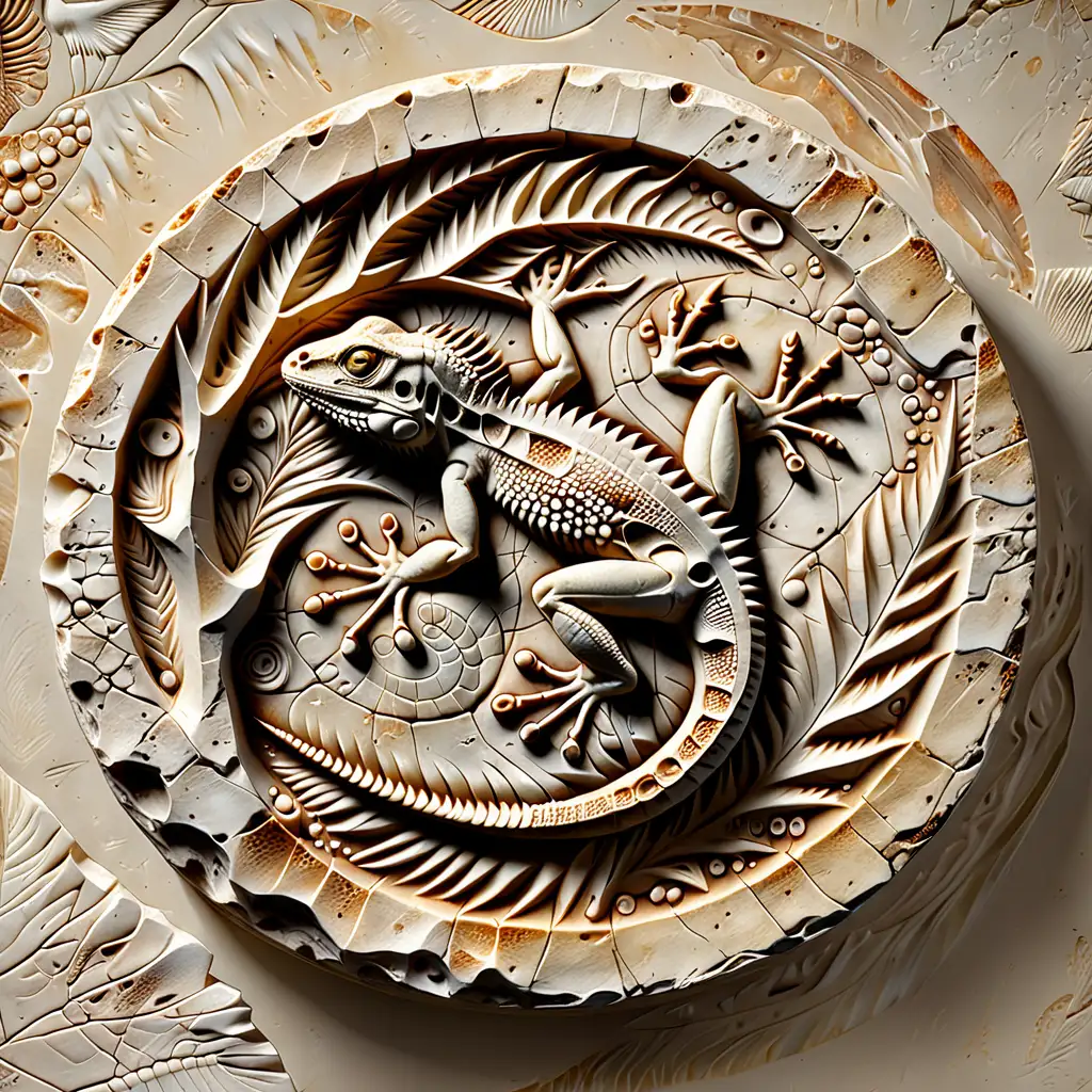 Round BasRelief Lizard Fossil Art