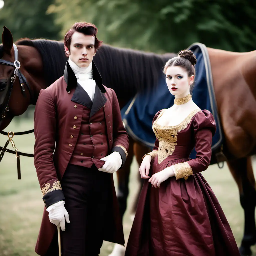 upper class young Gentleman mid twenties wearing a frock coat, dark brown hair, strong jaw line with a upper class young lady eighteen reddish brown hair in an 1816 stylish bun, empire waist dress made out of cream silk muslin with gold embroidery and a maroon pelisse. They are standing by two horses.