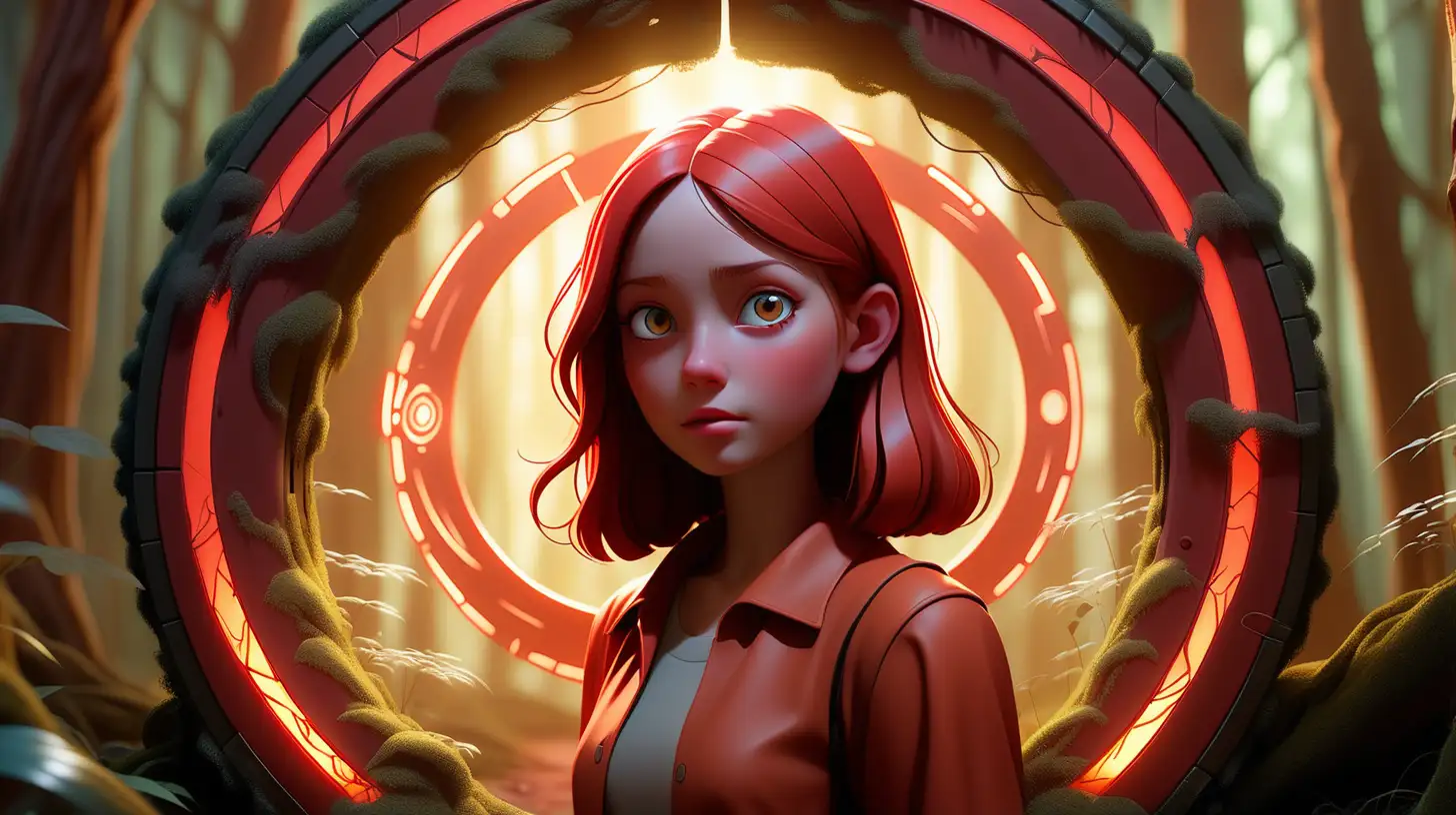 Generate an AI scene featuring a captivating image of a red-golden glowing portal situated behind a girl within the enchanting backdrop of a mystical forest. Highlight the ethereal glow of the portal against the natural beauty of the surroundings, creating a sense of magic and mystery.