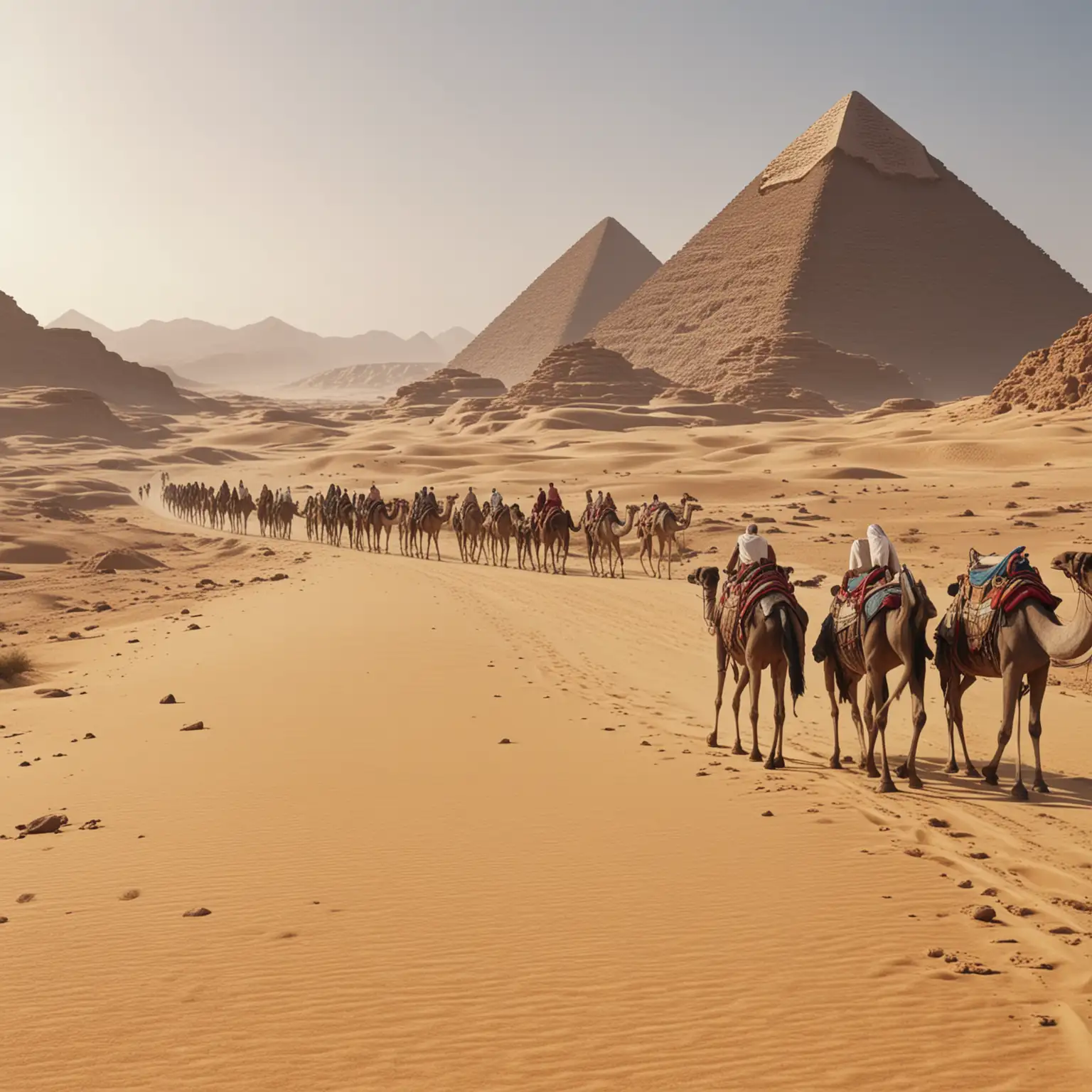 (Egyptian pharaohs' caravan: 1.3), a egyptian pharaohs' caravan traveling through the desert with camels, horses and elephants, full shot, super realistic, extremely hyper detailed, cinematic 8k.