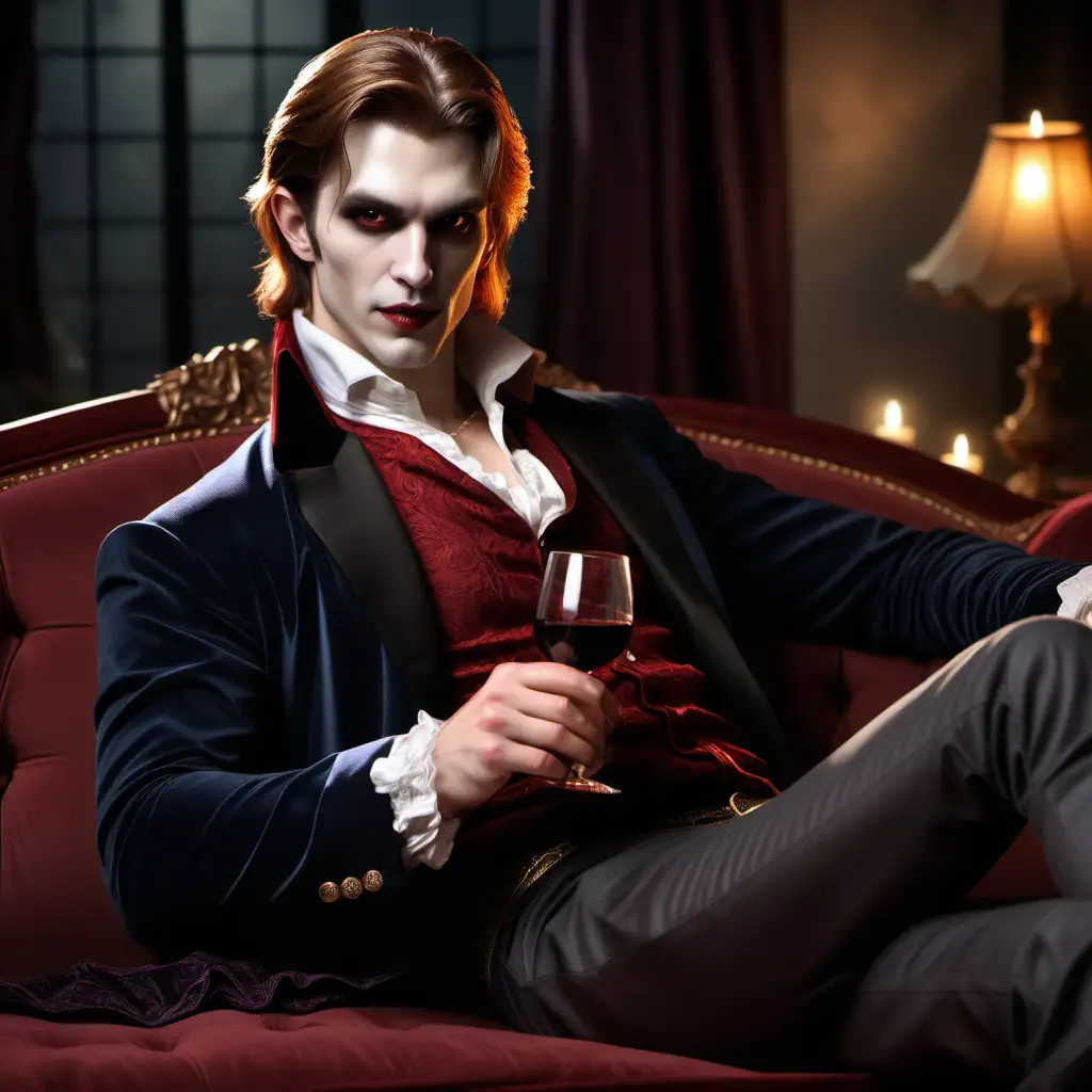 A male Toreador vampire Primogen, handsome, light brown hair, sitting on a sofa, holding a glass of wine, realistic