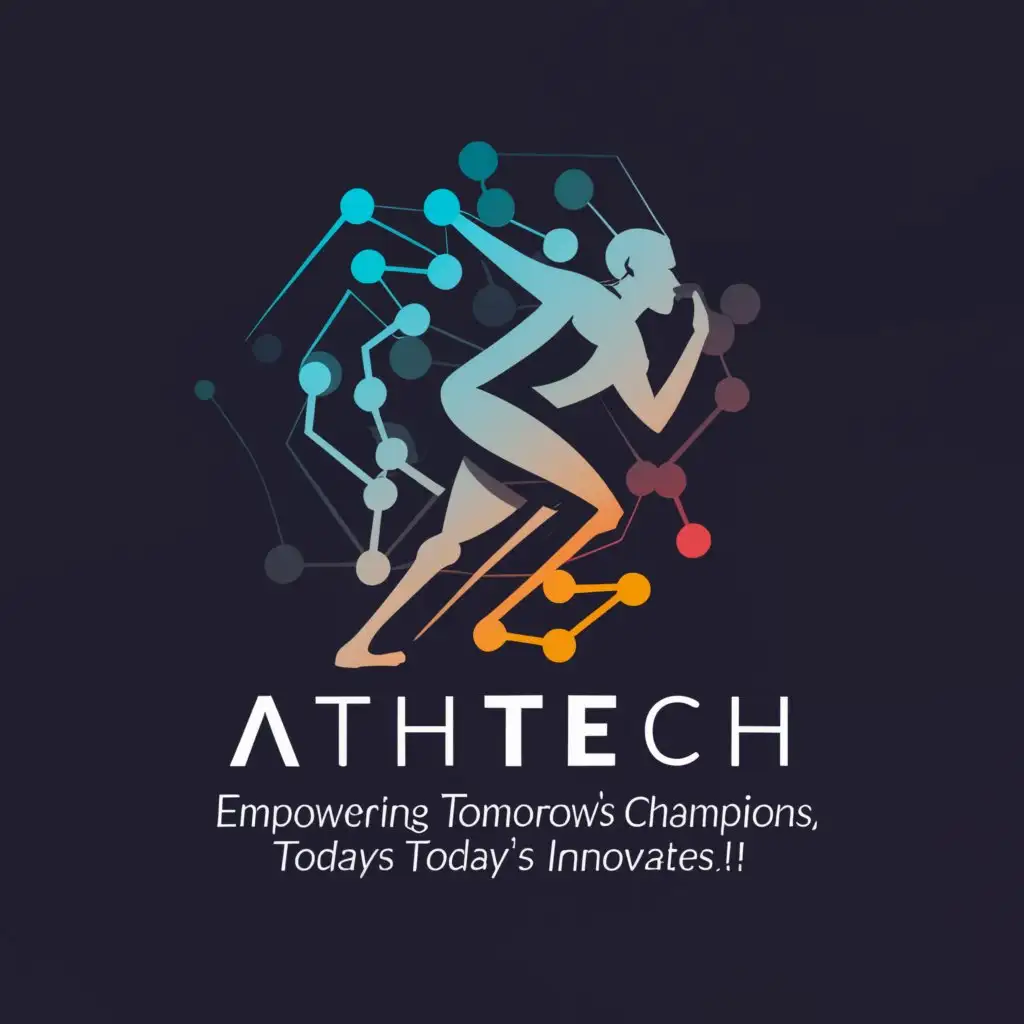 a logo design,with the text "ATHTECH: EMPOWERING TOMORROW'S CHAMPIONS, TODAY'S INNOVATORS!", main symbol:athletes, sports, robot, technology,Moderate,clear background