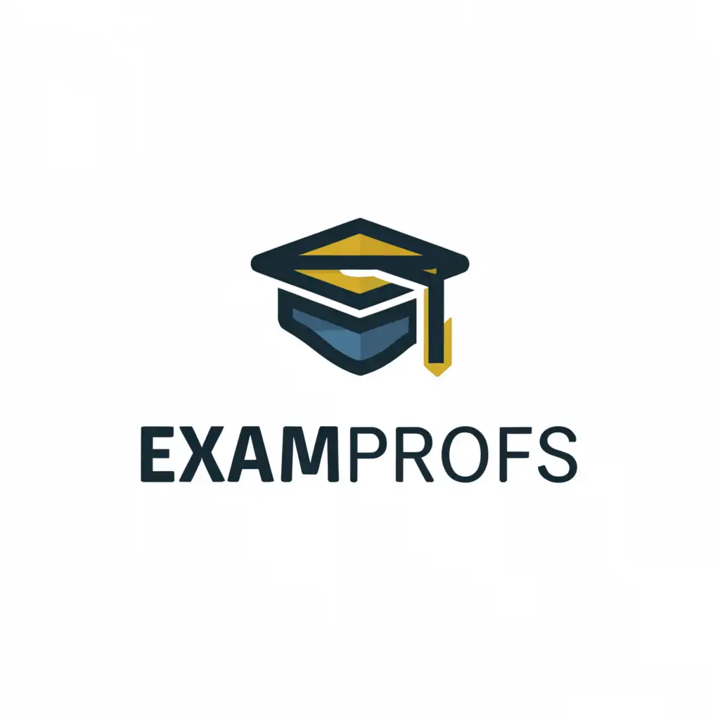 a logo design,with the text "ExamProfs", main symbol:graduation, student gold, black, blue, white color,Minimalistic,be used in Education industry,clear background