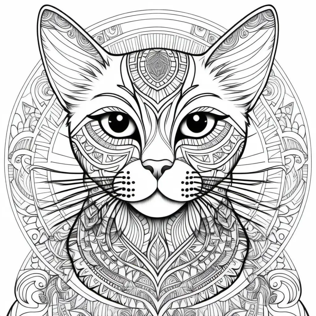 coloring page for adults, cats, white background, clean line art, mandela