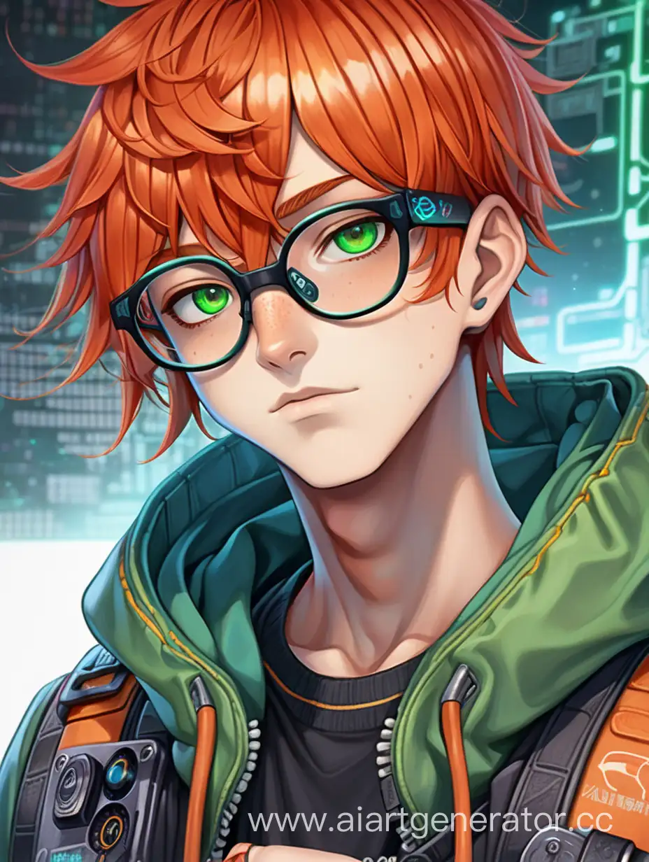 Волнистые оранжевые волосы красная челочка выбритые виски аниме парень подросток круглые очки зеленые глаза веснушки по пояс киберпанк будущее одежда хакер 