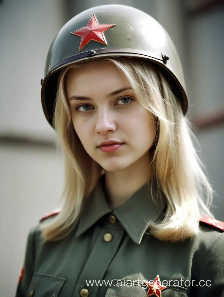 Девушка блондинка с распущенными волосами, в узком военном платье, в советском шлеме
