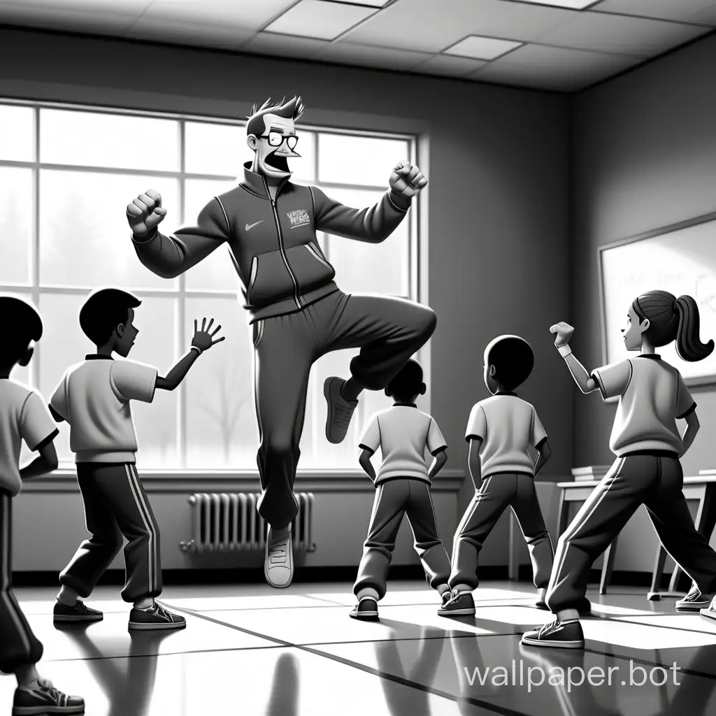 a gym teacher in tracksuit performs high kicks in front of his lazy students, black and white, Bill Watterson style