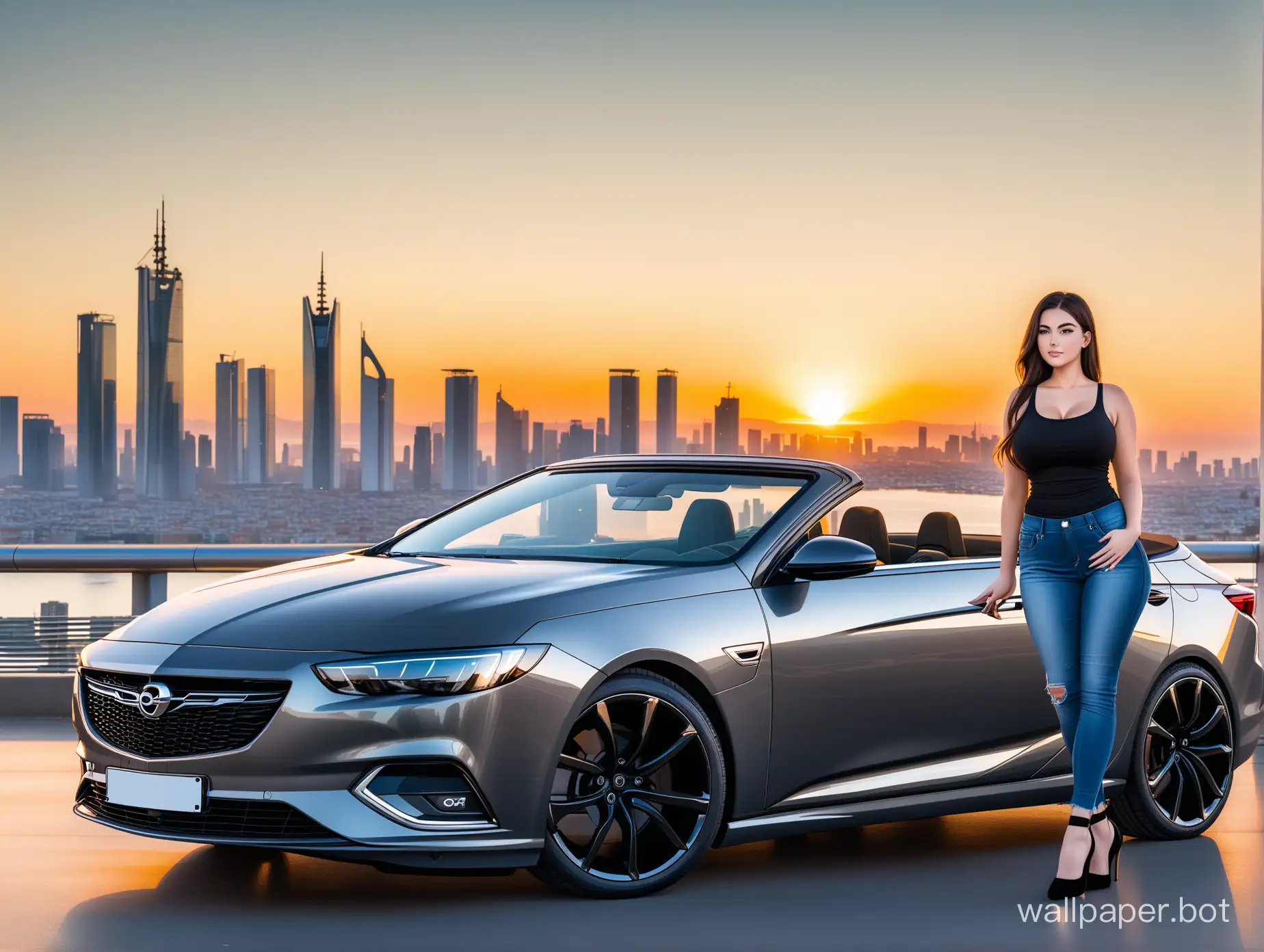 curvy brunette in jeans and black tank top with lace, high heels standing next to a Opel Insignia Grand Sport convertible car. The car is grey color. Futuristic city at sundown in the background. A wide shot of the car and the girl should be entirely visible.