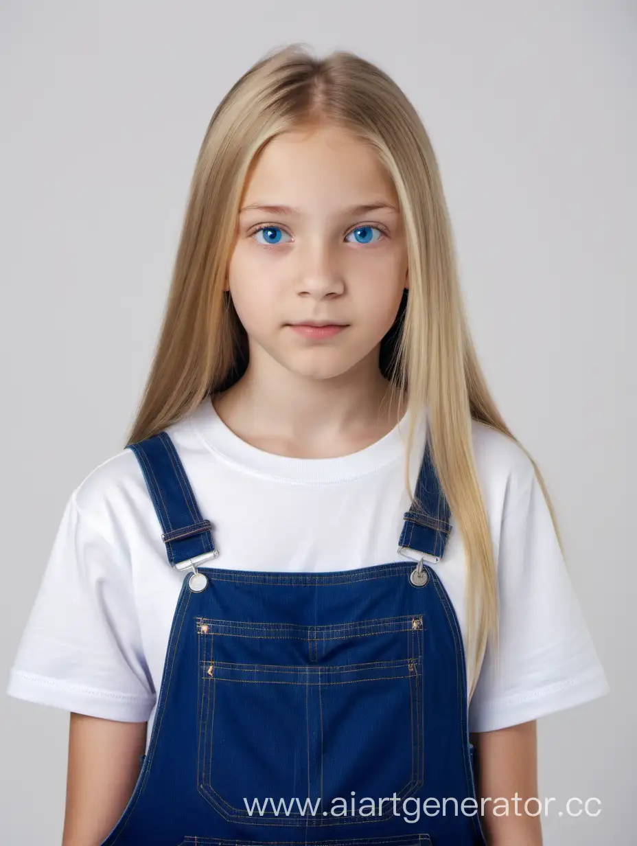 girl 12 years old, 
nationality Russian,
blonde, 
straight hair,
dark blue eyes,
full face, 
standing, 
blue overall, 
white t-shirt,
white background, 
