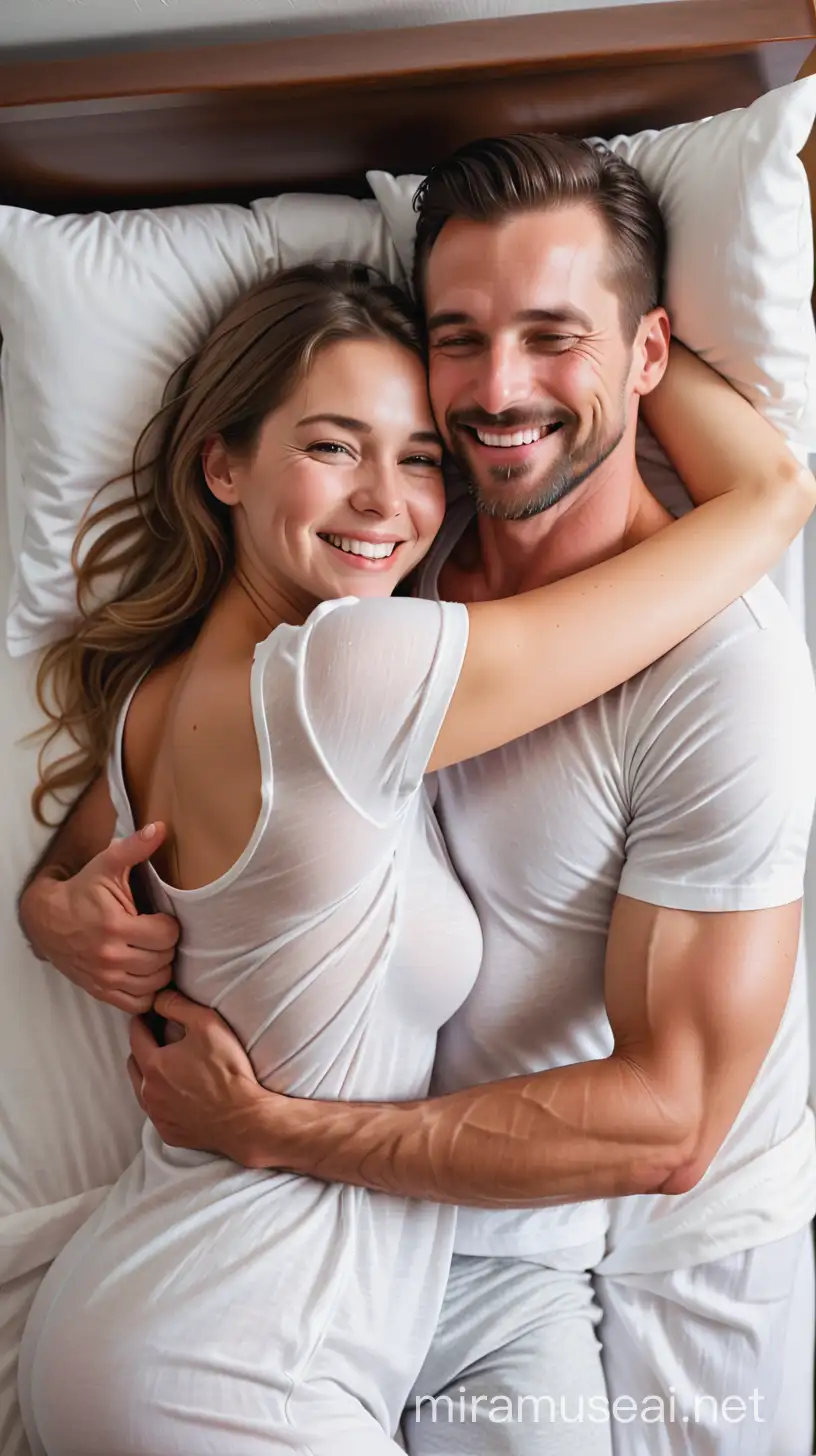 A white American couple, very happy in bed, the woman hugging the man, both expressions pleasant and happy, the man is very robust